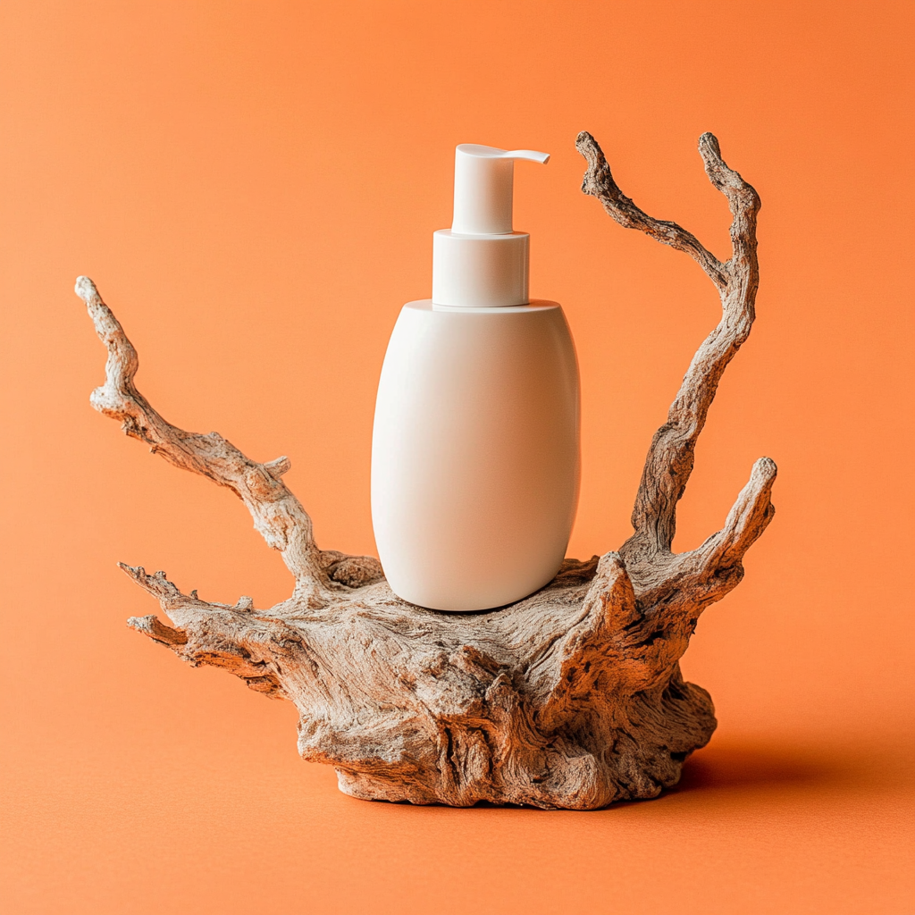 Cosmetic bottles rest on wood with fresh Cordyceps