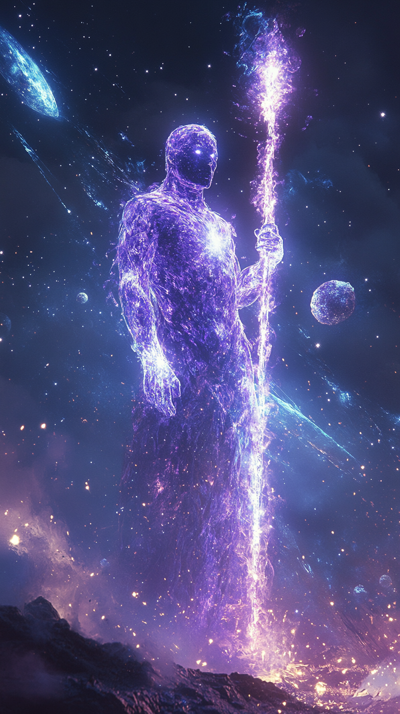 Cosmic Guardian Holds Radiant Wand, faced by Comets