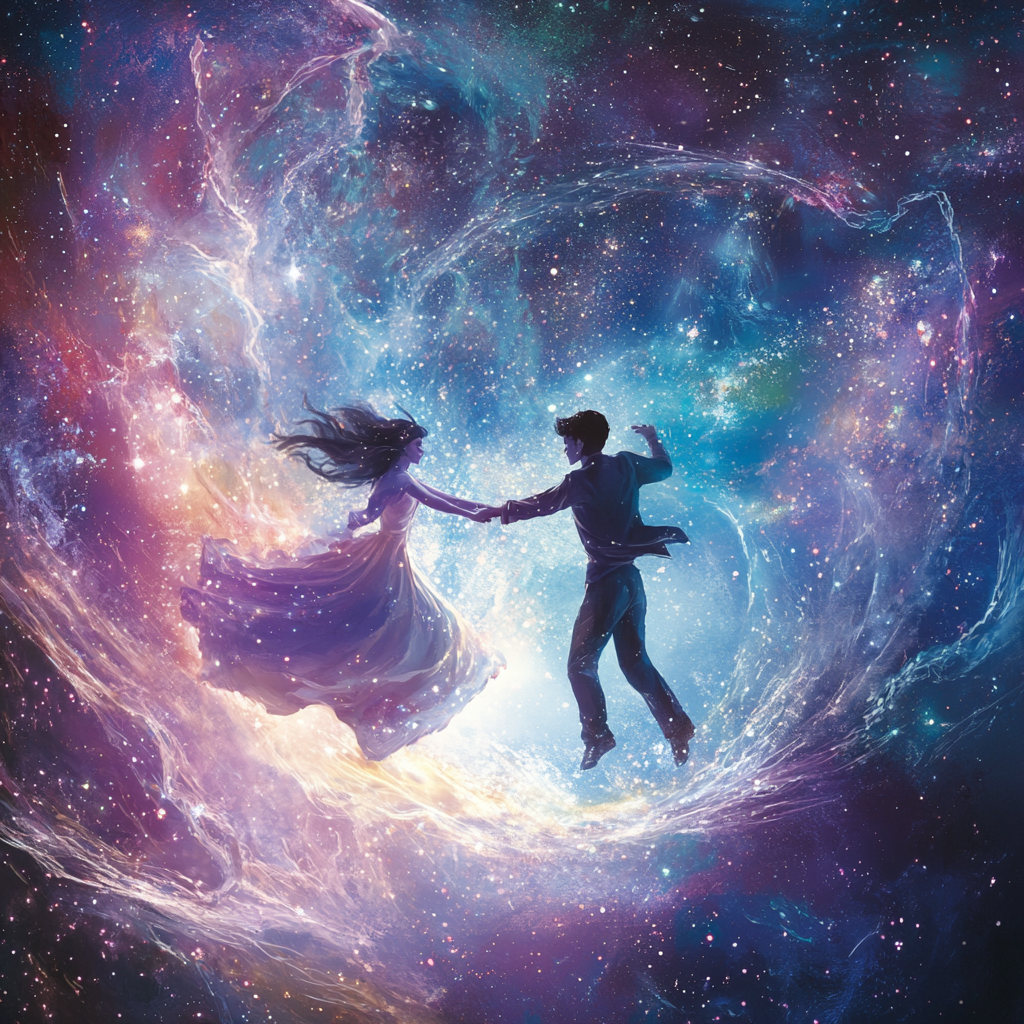 Cosmic Lovers Embrace in Sparkling Space Galactic Setting