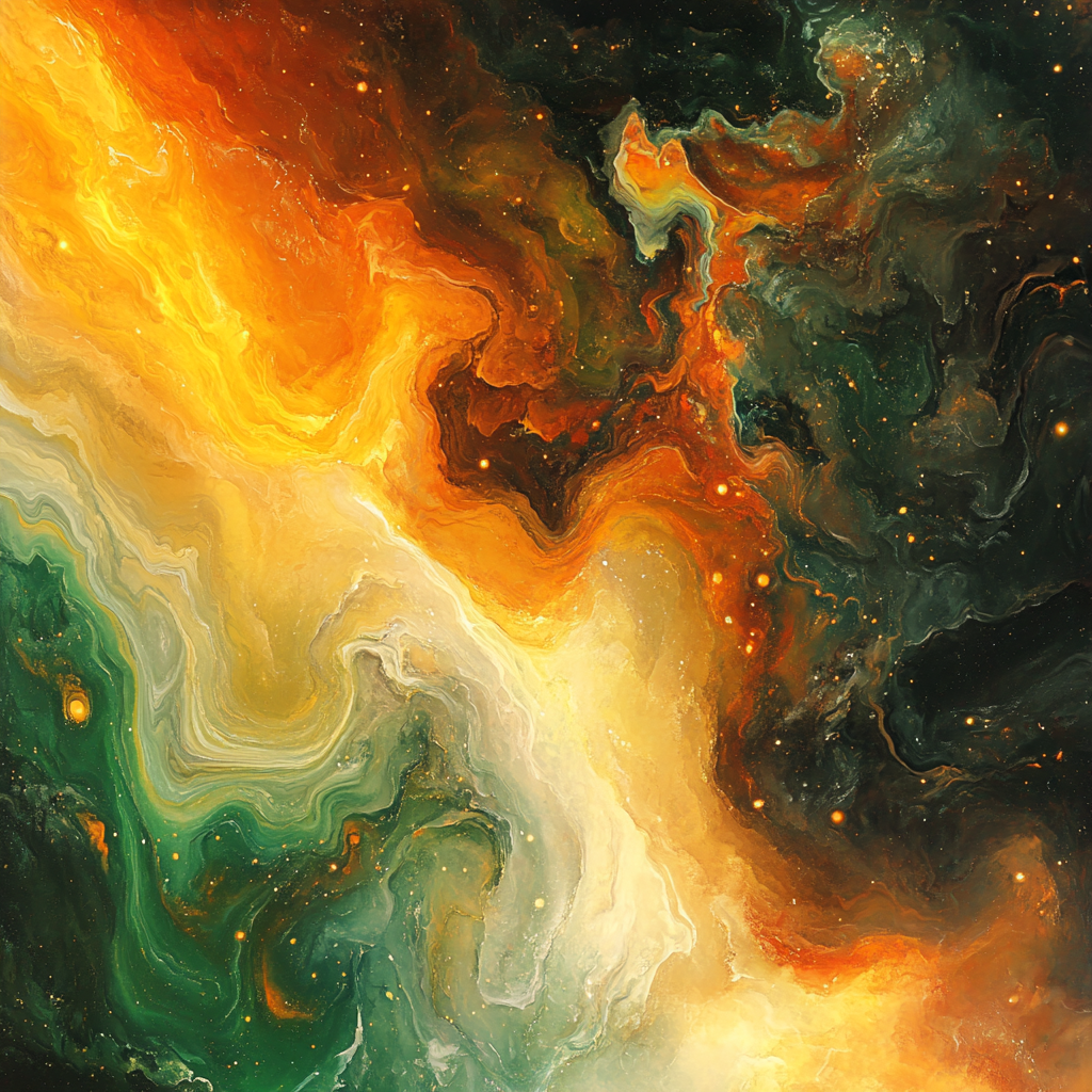 Cosmic galaxies swirling in orange, green, yellow beauty. Aesthetic dreamy.