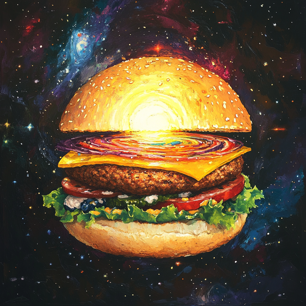 Cosmic hamburger with celestial body ingredients in galaxy backdrop.