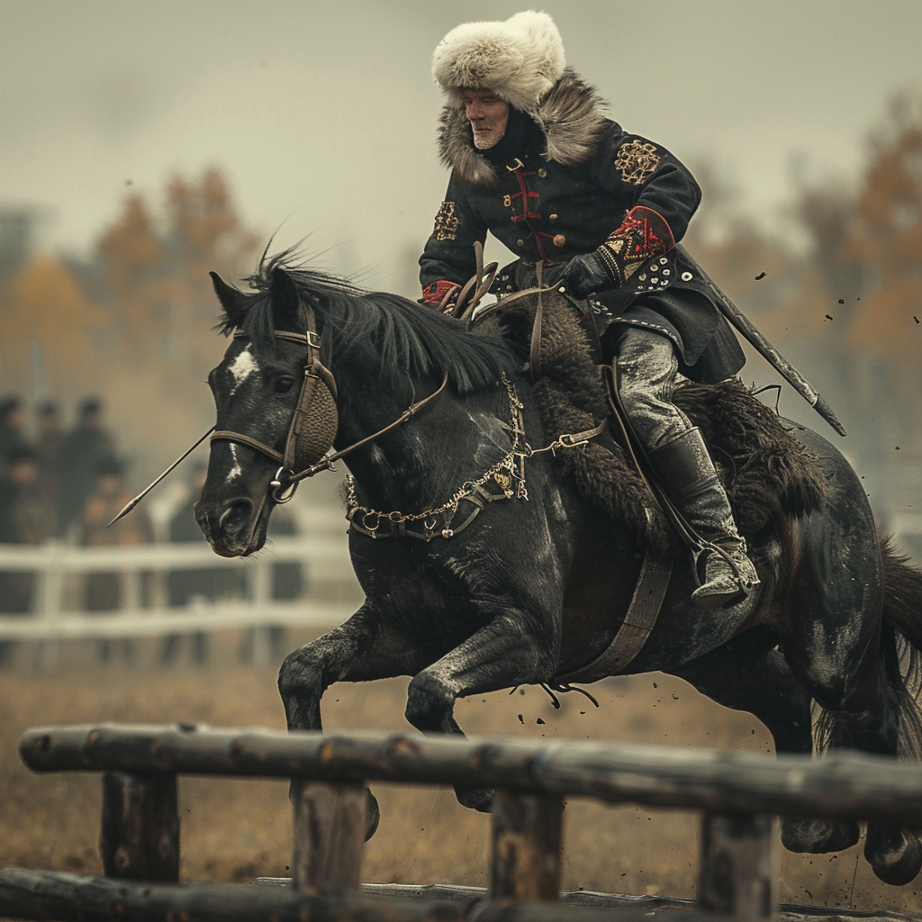 Cossack rider jumps over hurdle with sword on horse.