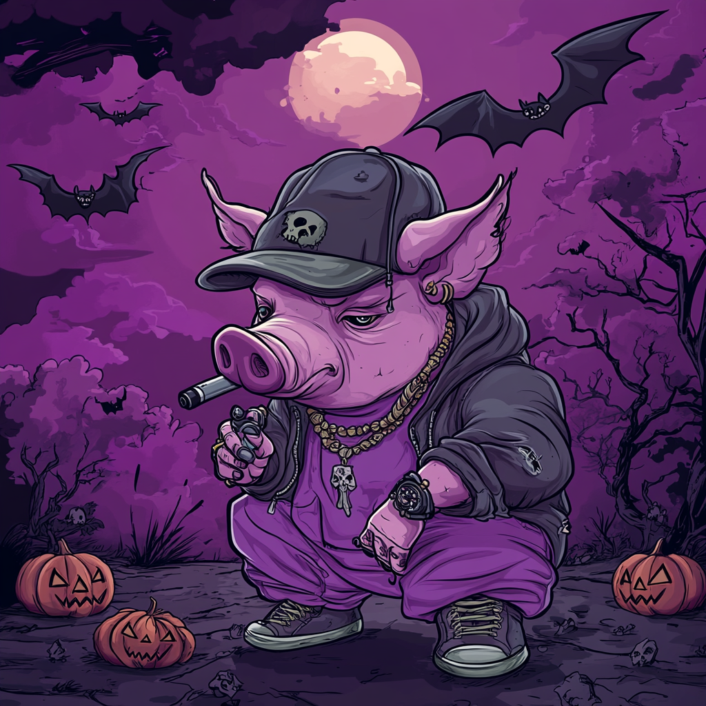 Costumed Pig rapper in spooky Halloween setting