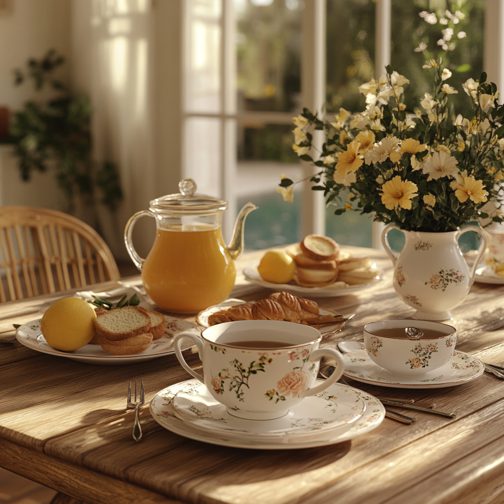 Cosy English breakfast with tea, pastries and fruit.