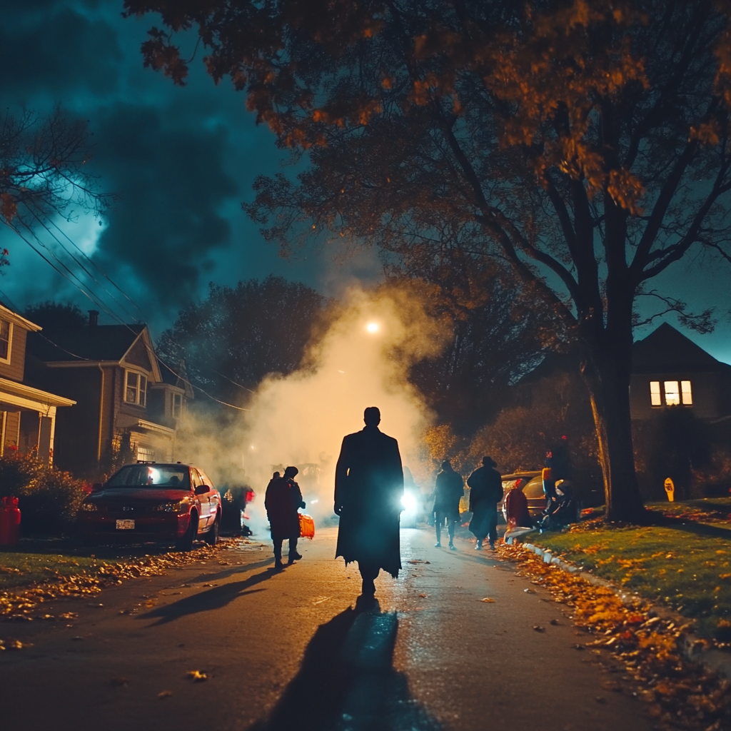 Count Dracula walks among trick or treating neighbors. Halloween.