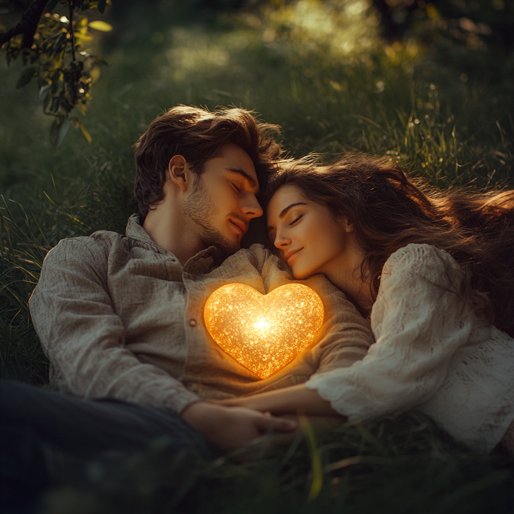 Couple Lying Together on Grassy Field with Heart