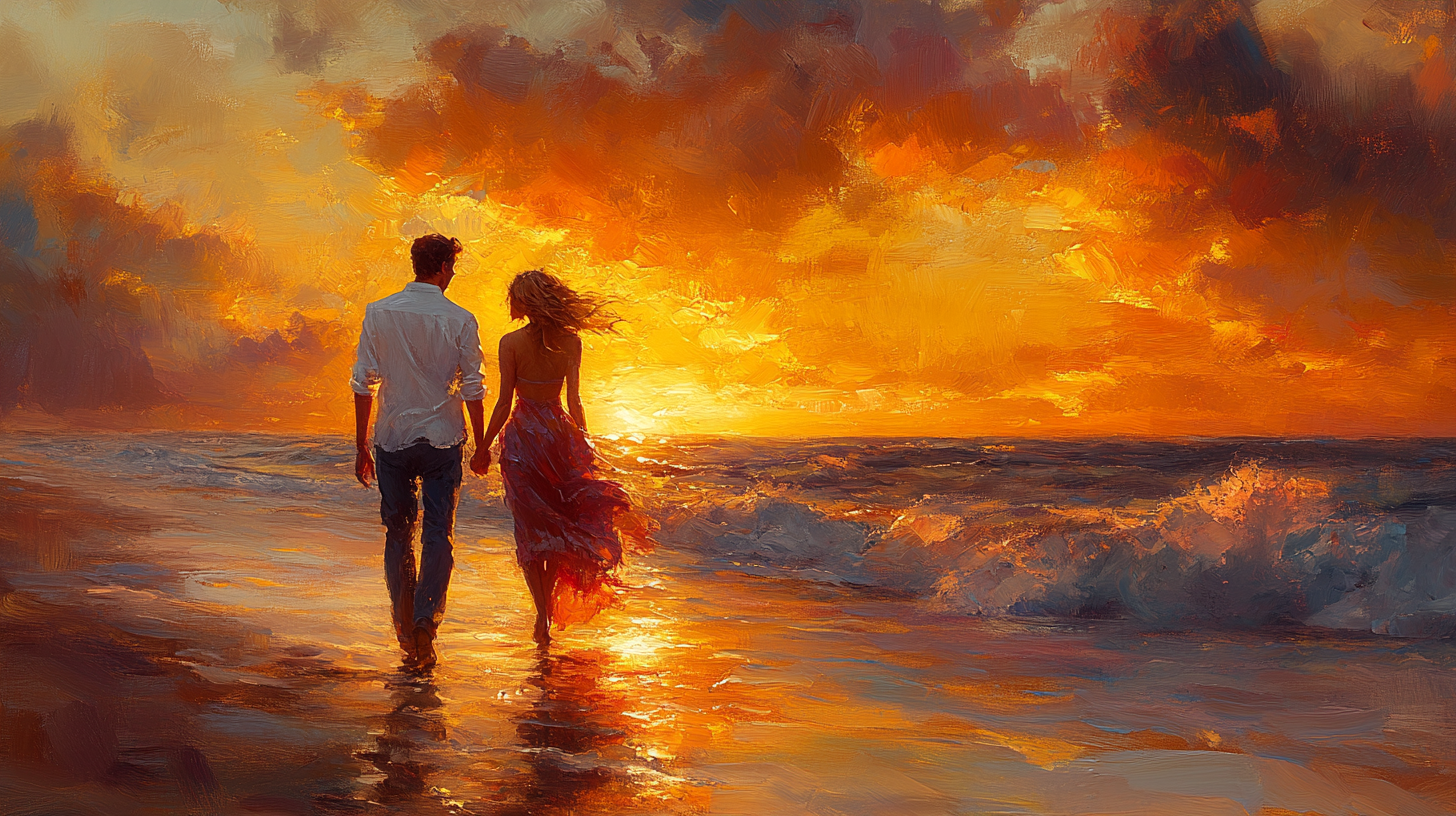 Couple Walking on Beach at Sunset, Romantic Scene