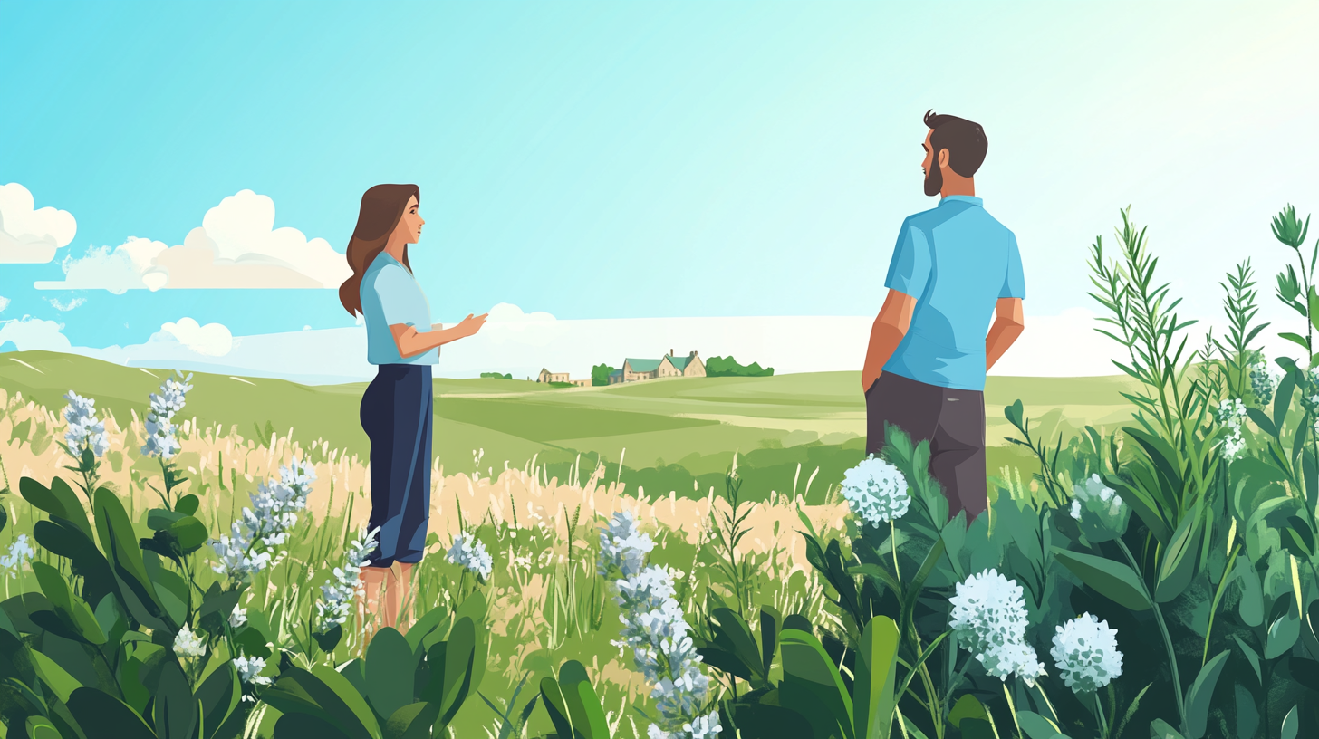 Couple at Scarborough Fair chatting, herbs and countryside view.