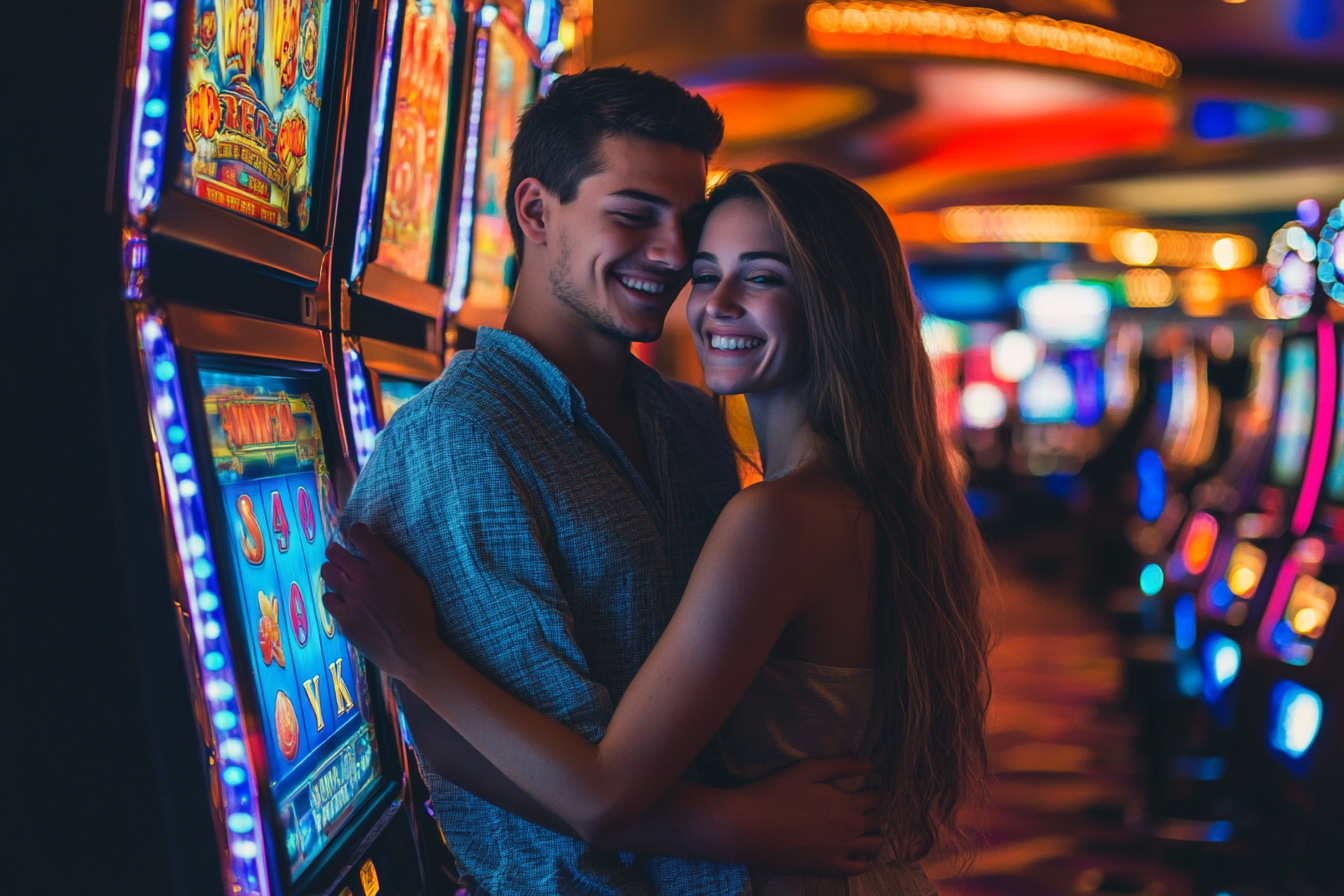 Couple by large slot machine in Vegas, nervous smiles.