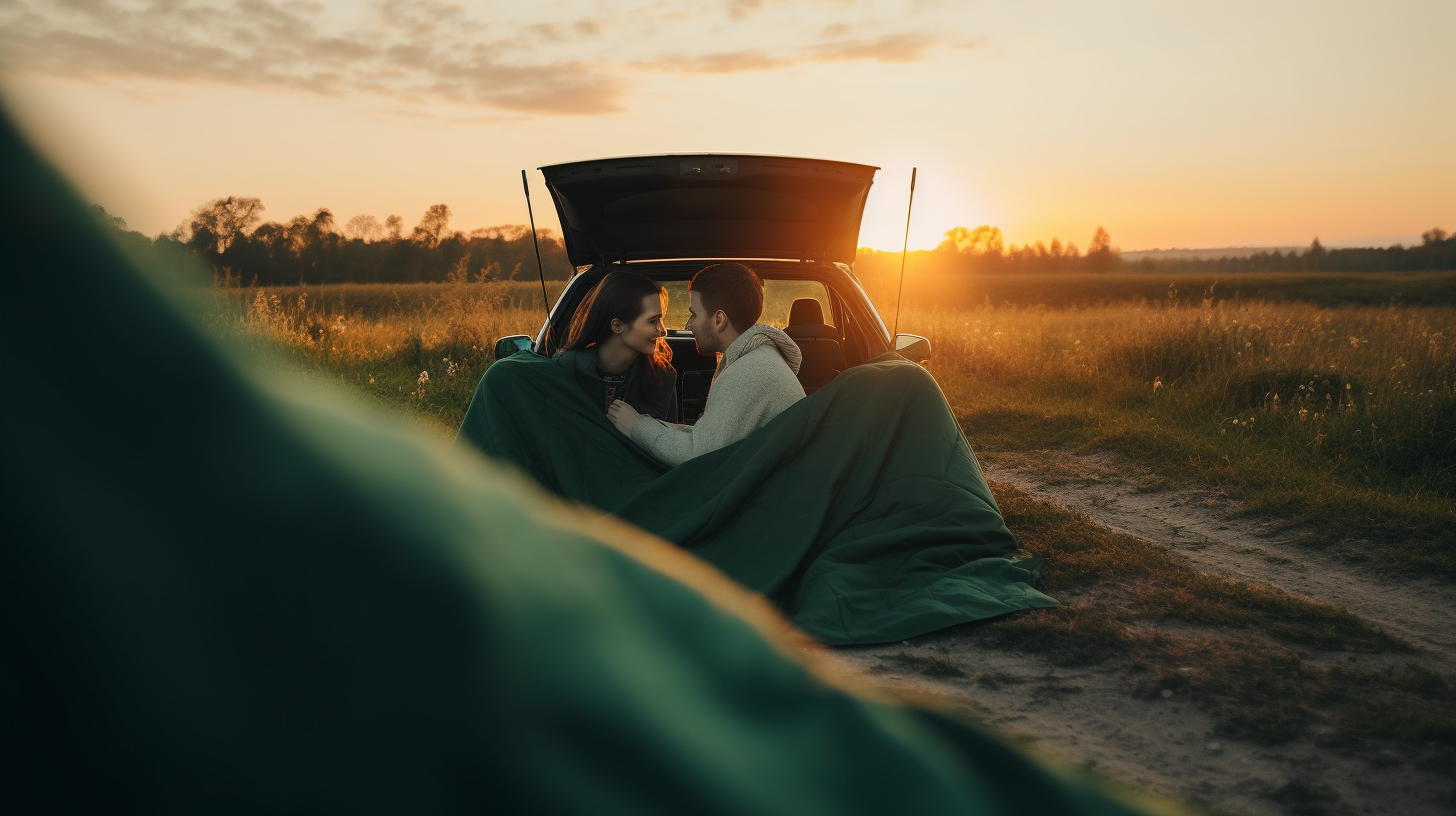 Couple covered in blanket sits in car trunk at sunset.