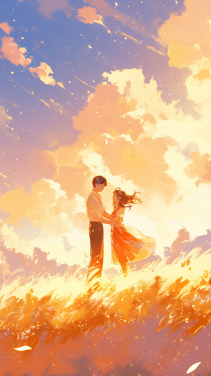 Couple dancing in field at sunset, watercolor style art.