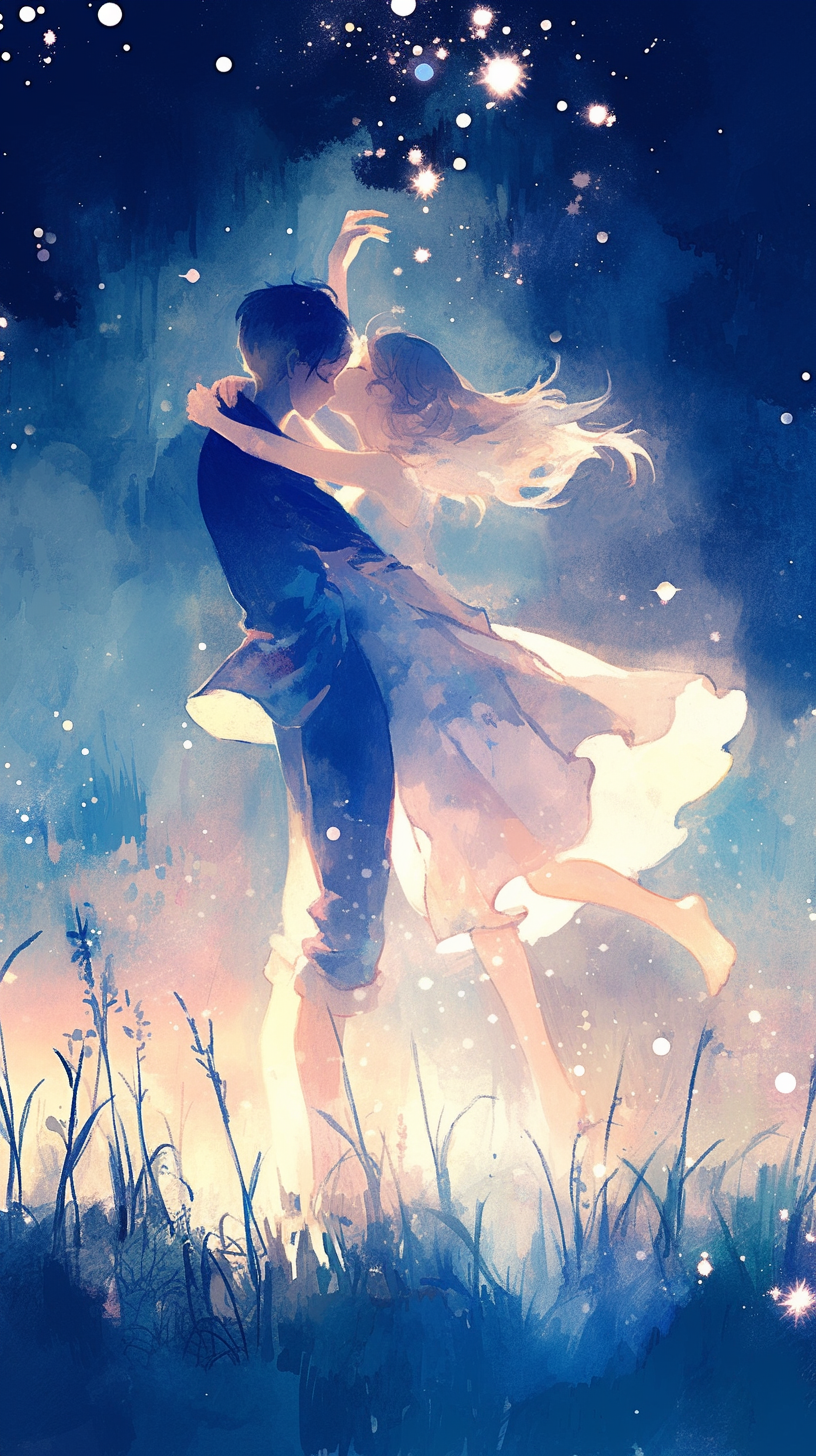 Couple dancing on grass under moonlight, surrounded by stars.