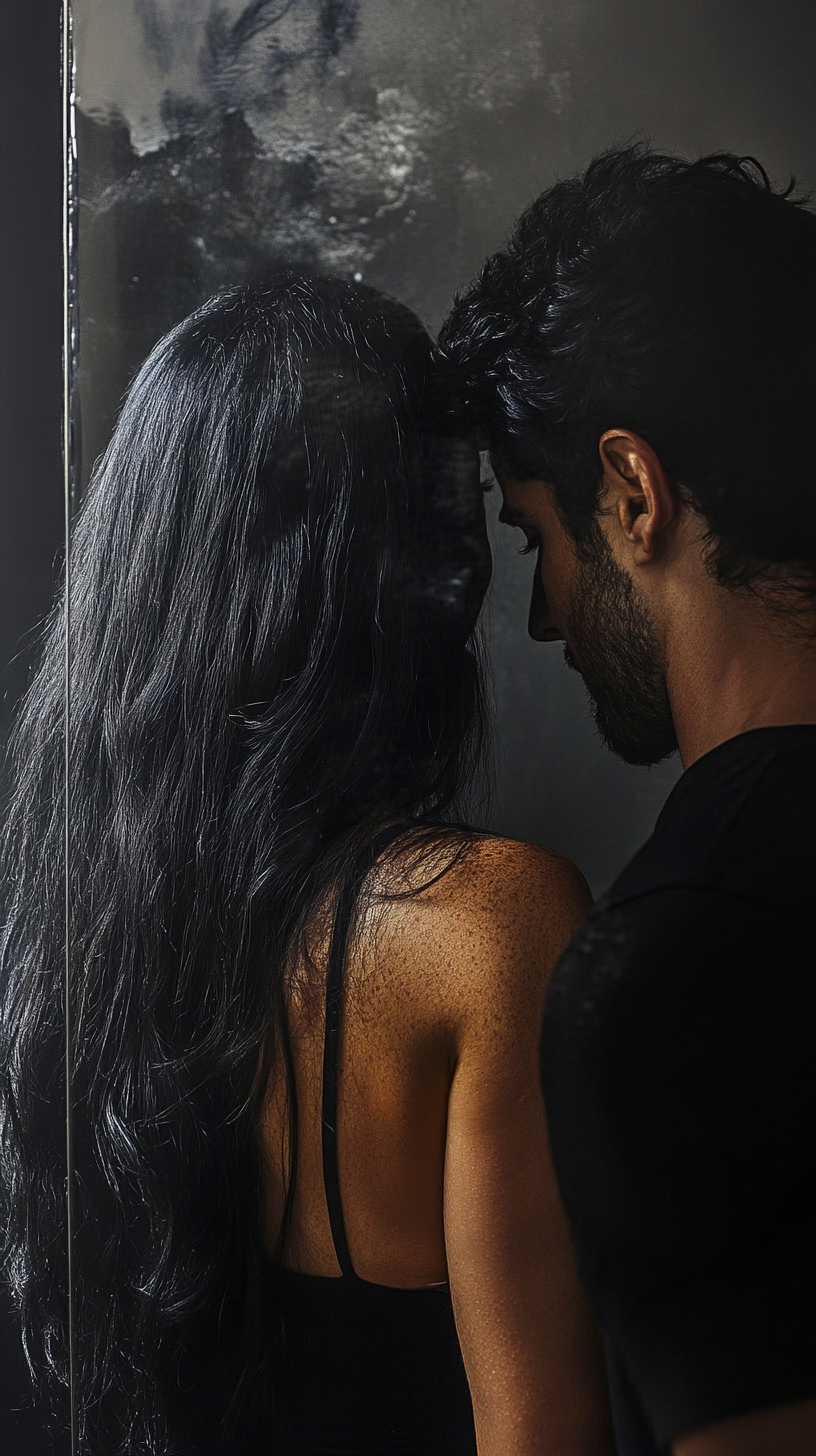 Couple embracing in front of mirror, woman overweight.