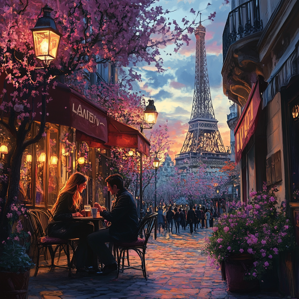 Couple enjoying coffee at Paris café, love in air.