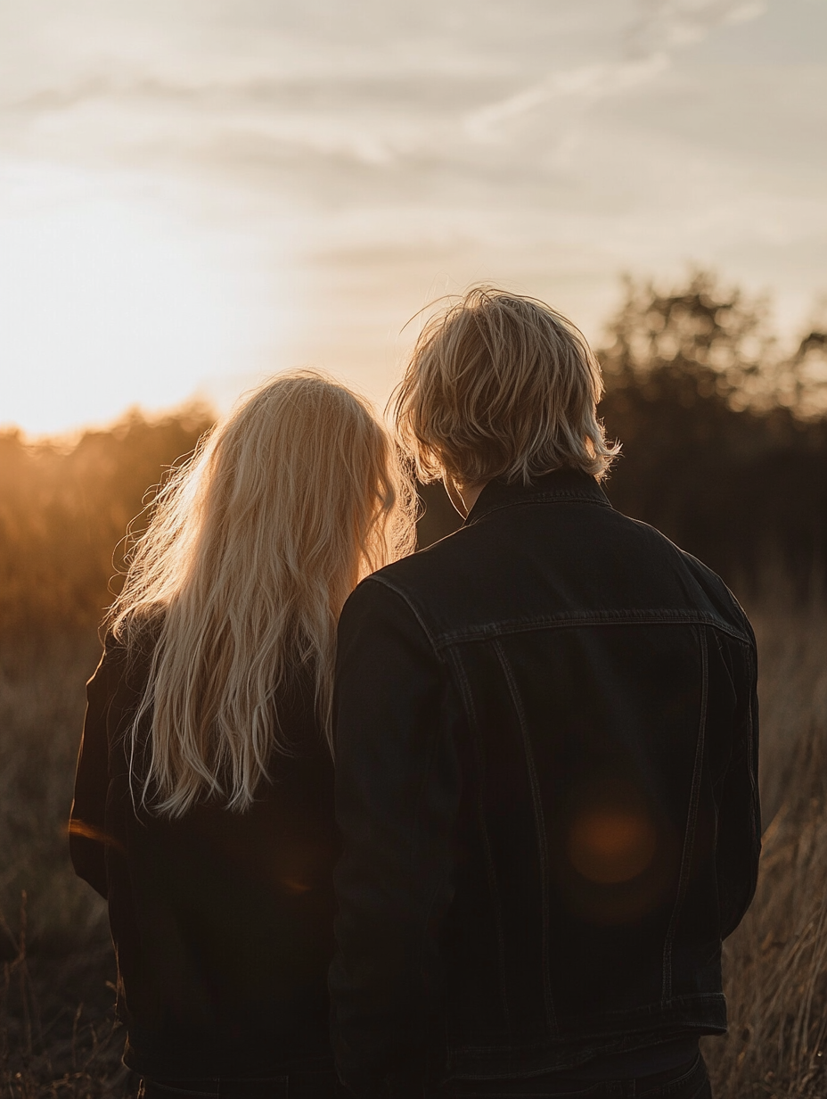 Couple enjoying sunset, man and woman close together.