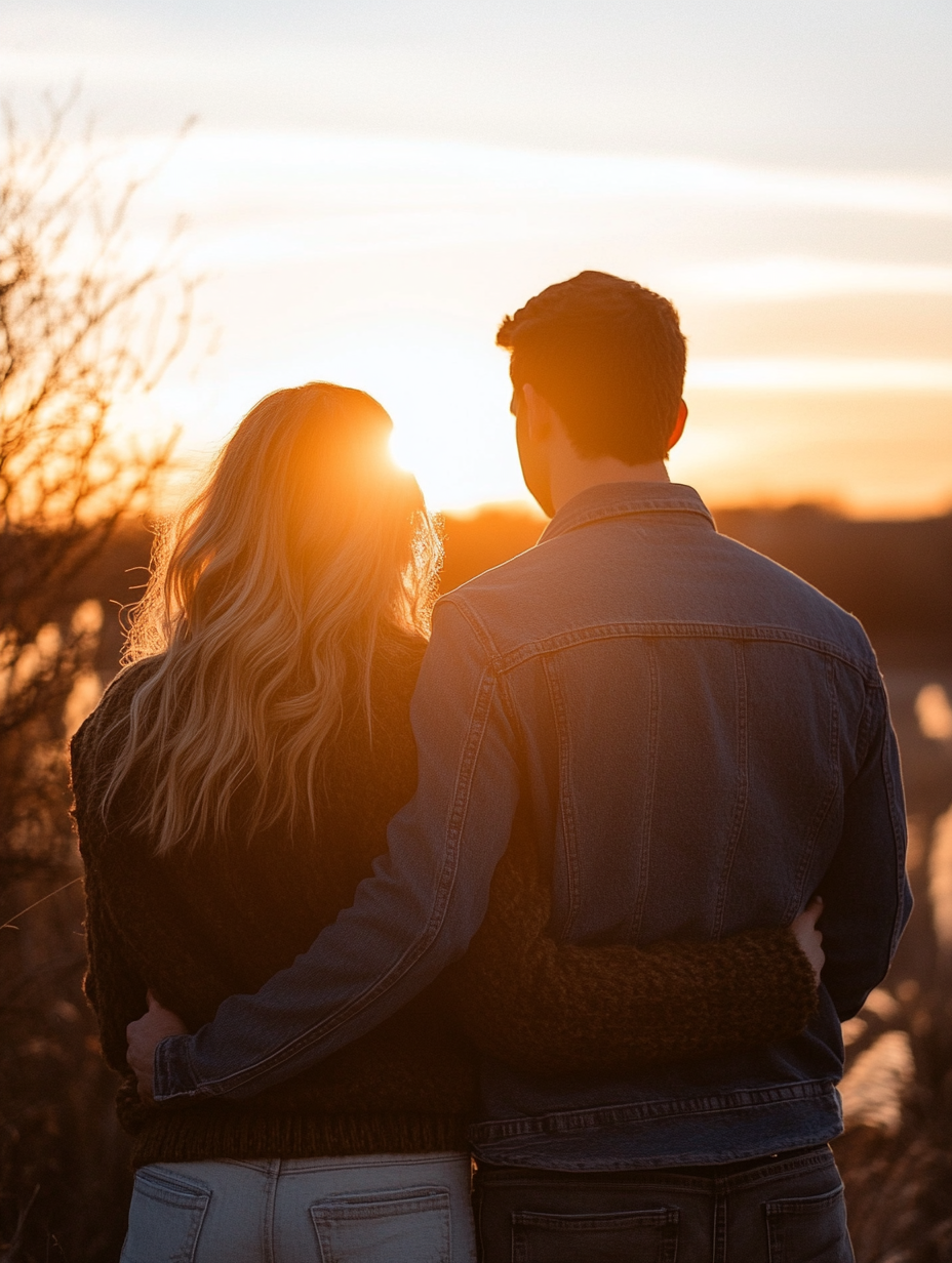 Couple facing sunset, Nikon Z7 II, soft tones.