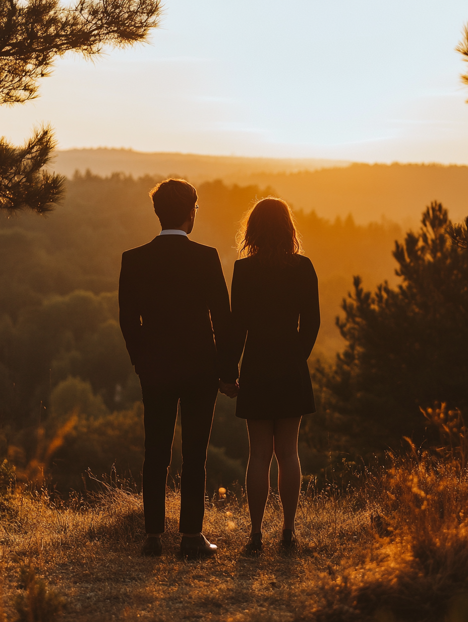 Couple facing sunset, full body shot, soft tones.