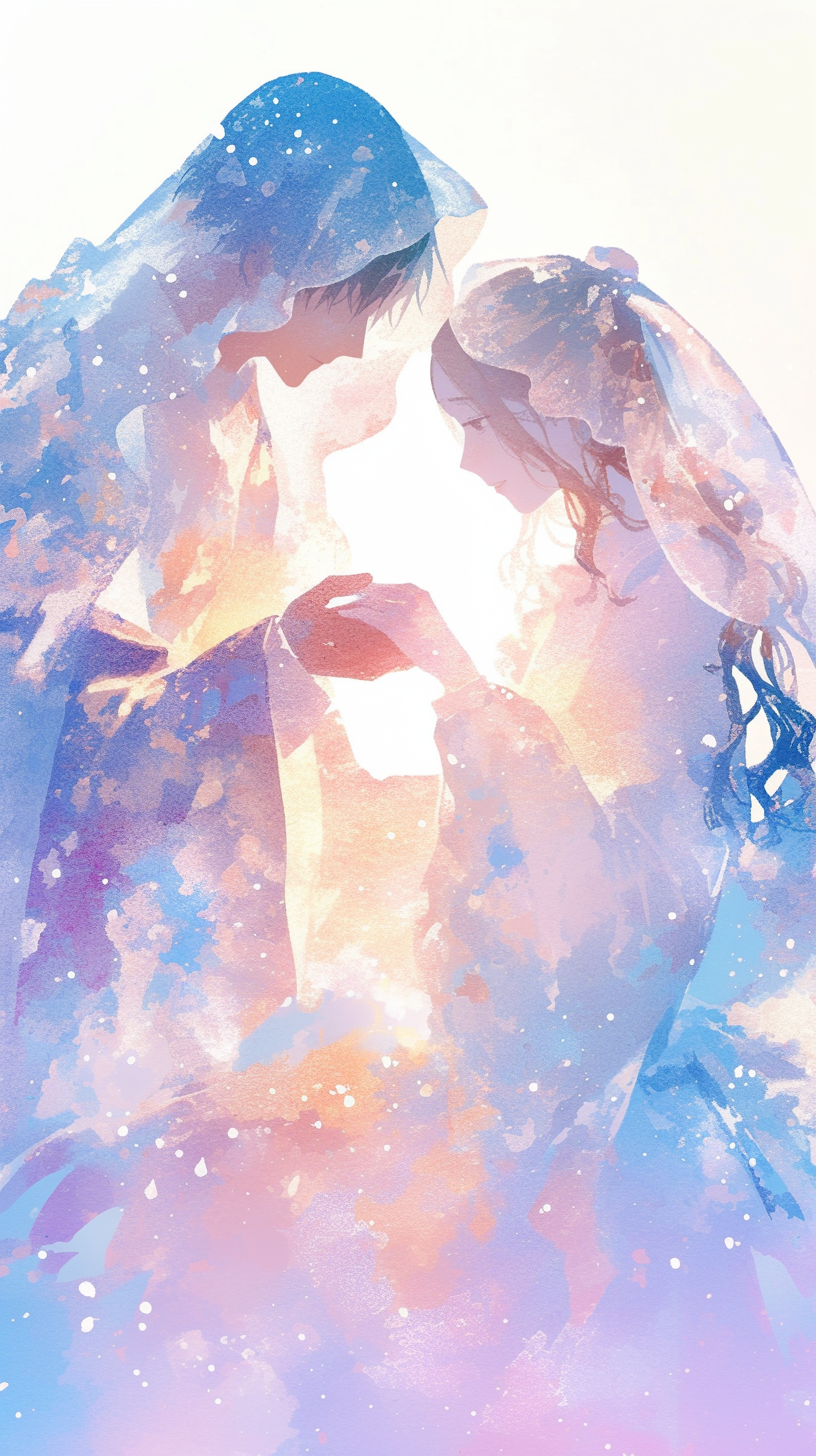 Couple holding hands, gazing lovingly, dreamy watercolor background.