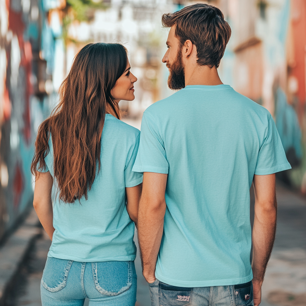 Couple in Aqua unisex t-shirts modeling for mock-up.