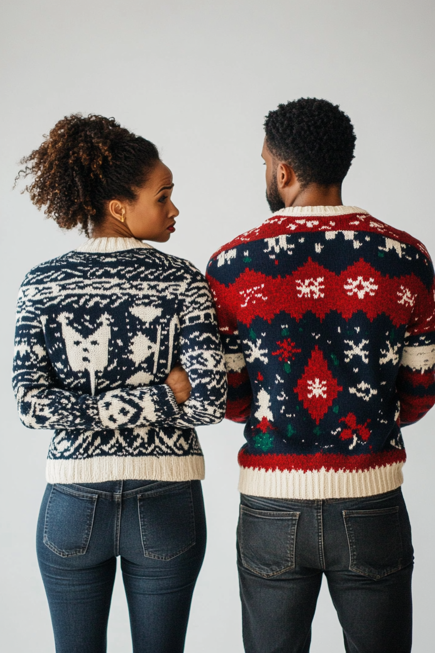 Couple in Christmas Sweaters Arguing, One Crying