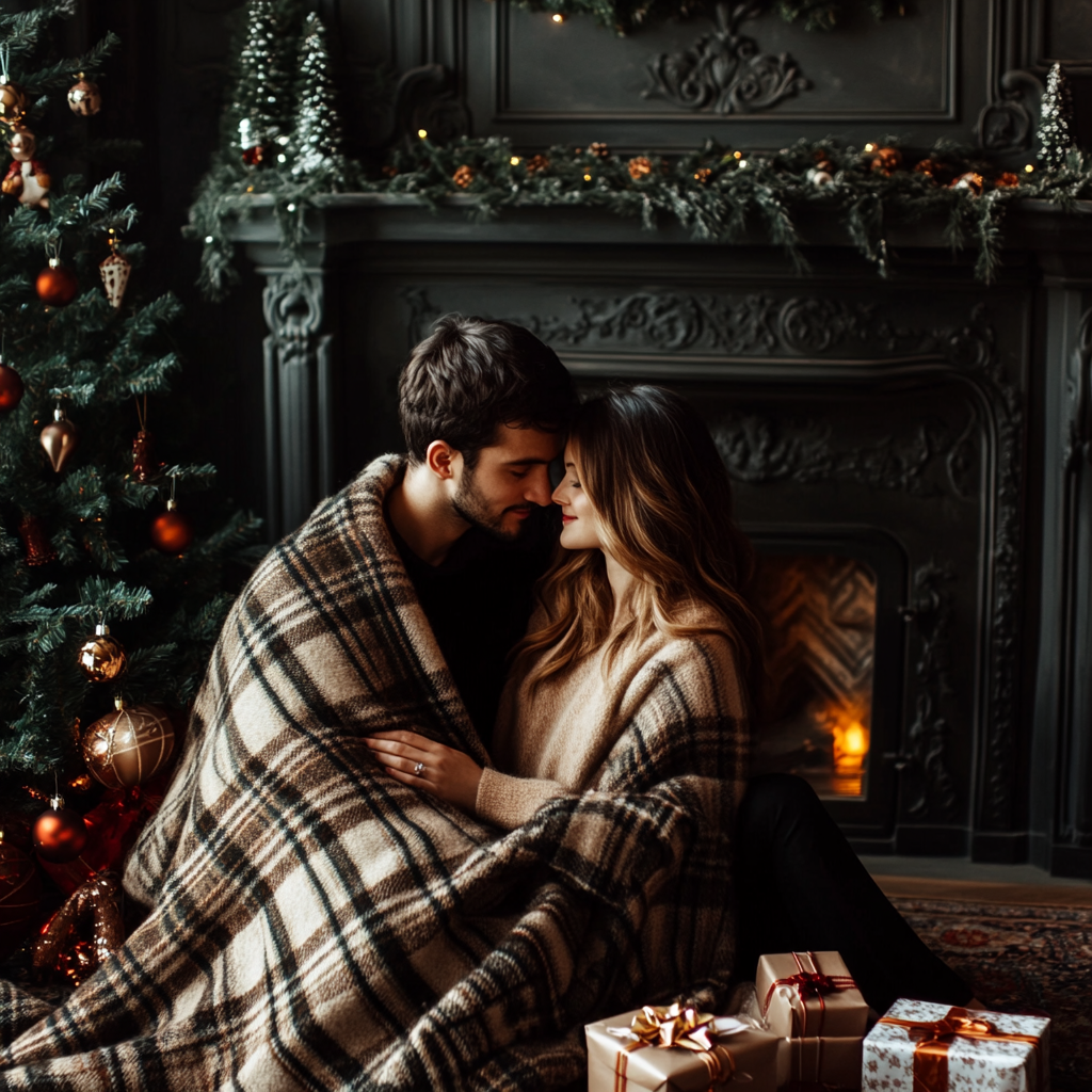 Couple in Plaid Blanket by Christmas Tree.