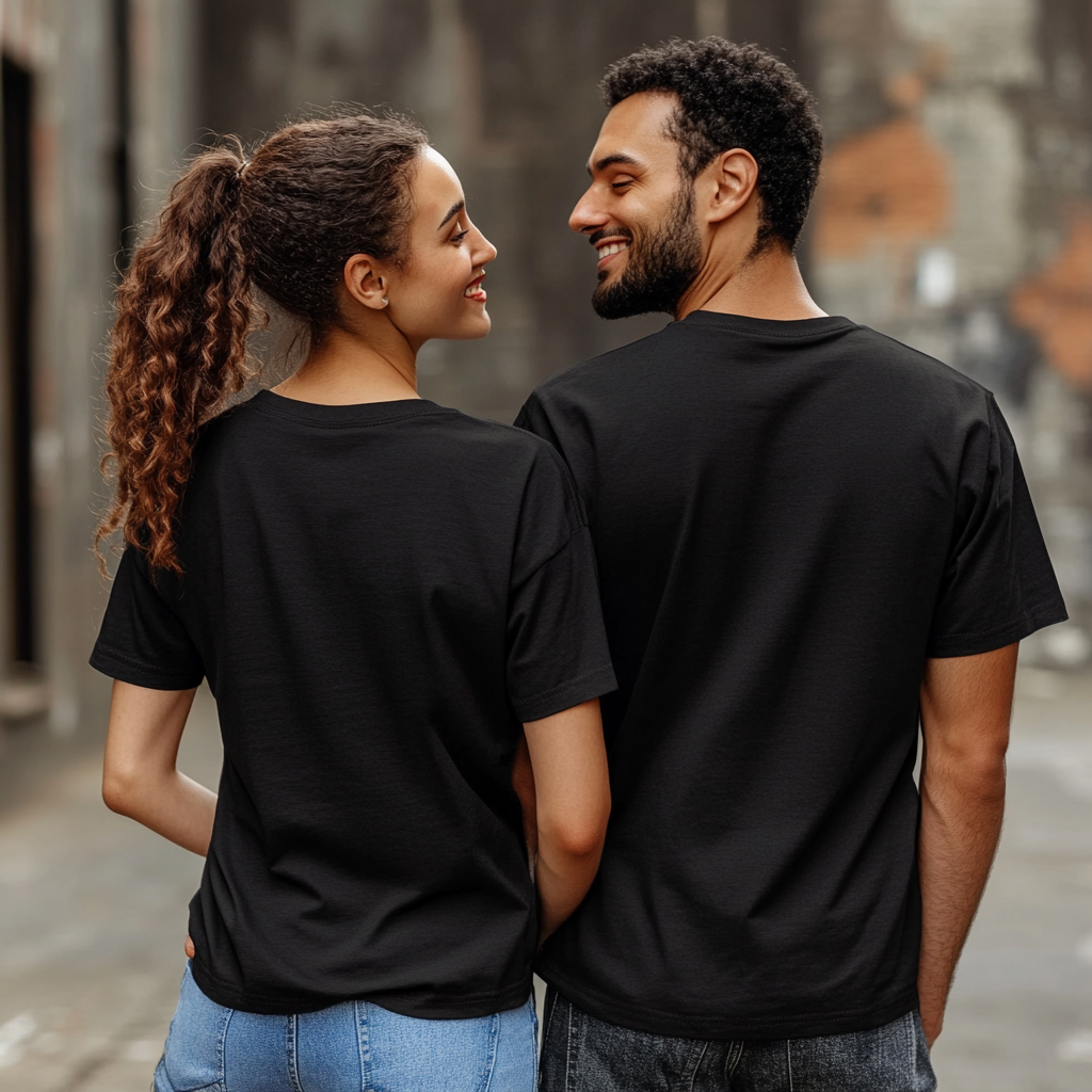 Couple in black shirts posing in urban area.