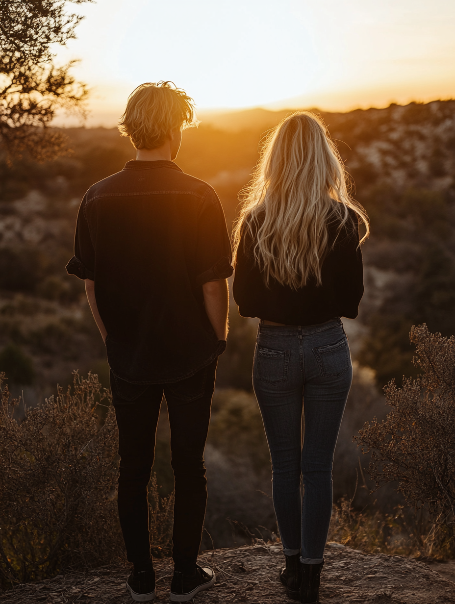 Couple in black shoes facing sunset, realistic photography shot.