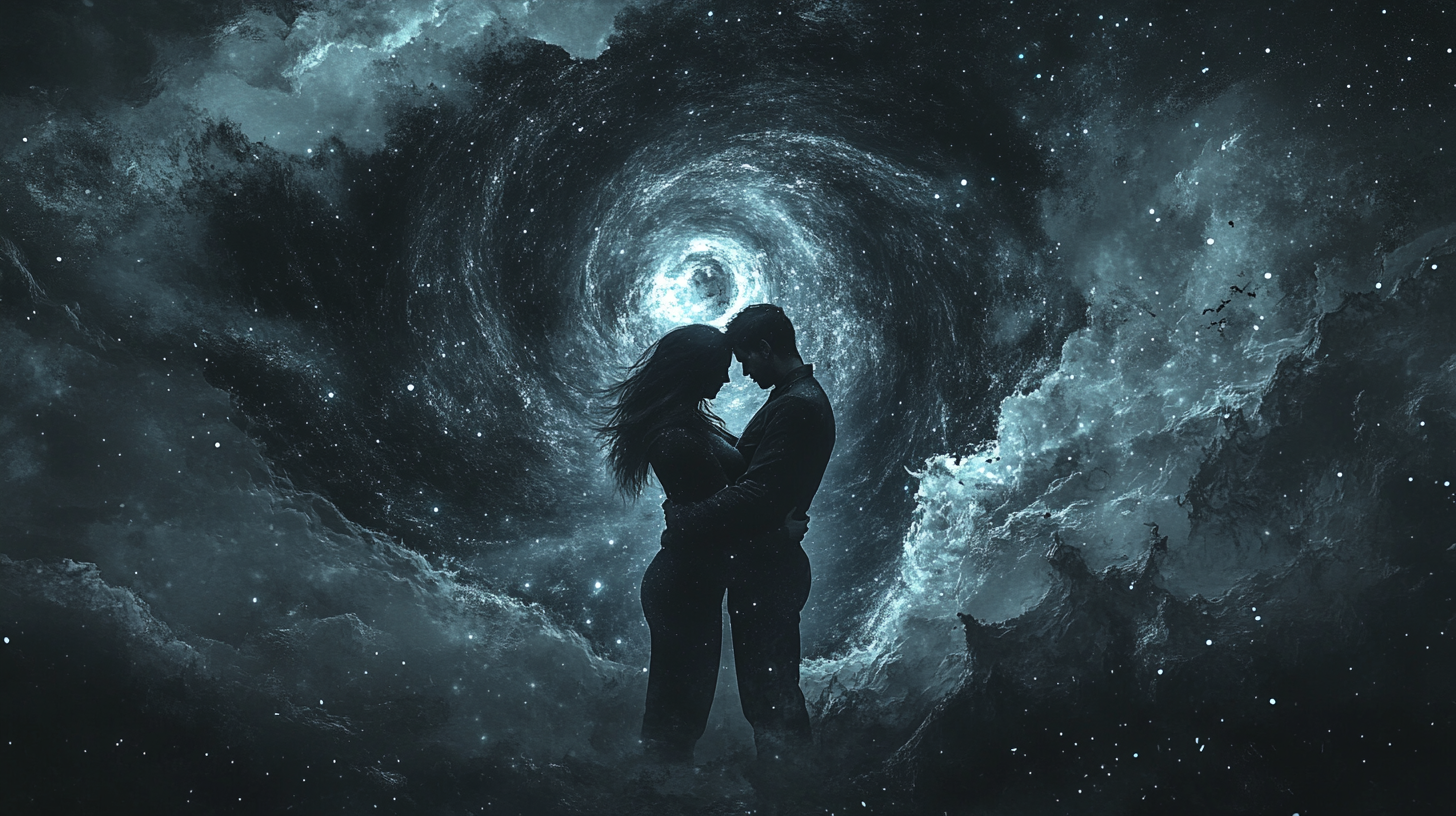 Couple in dark sky with energy spiral.