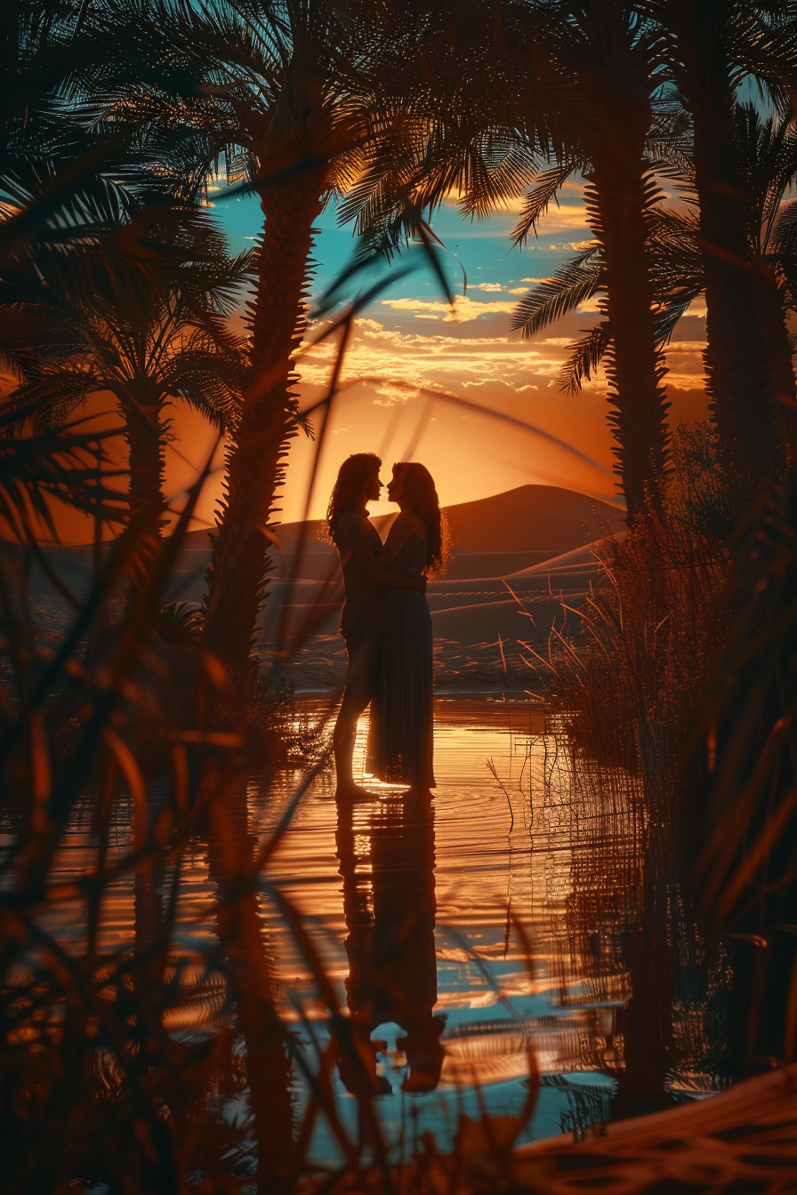 Couple in desert oasis at sunset, holding each other.