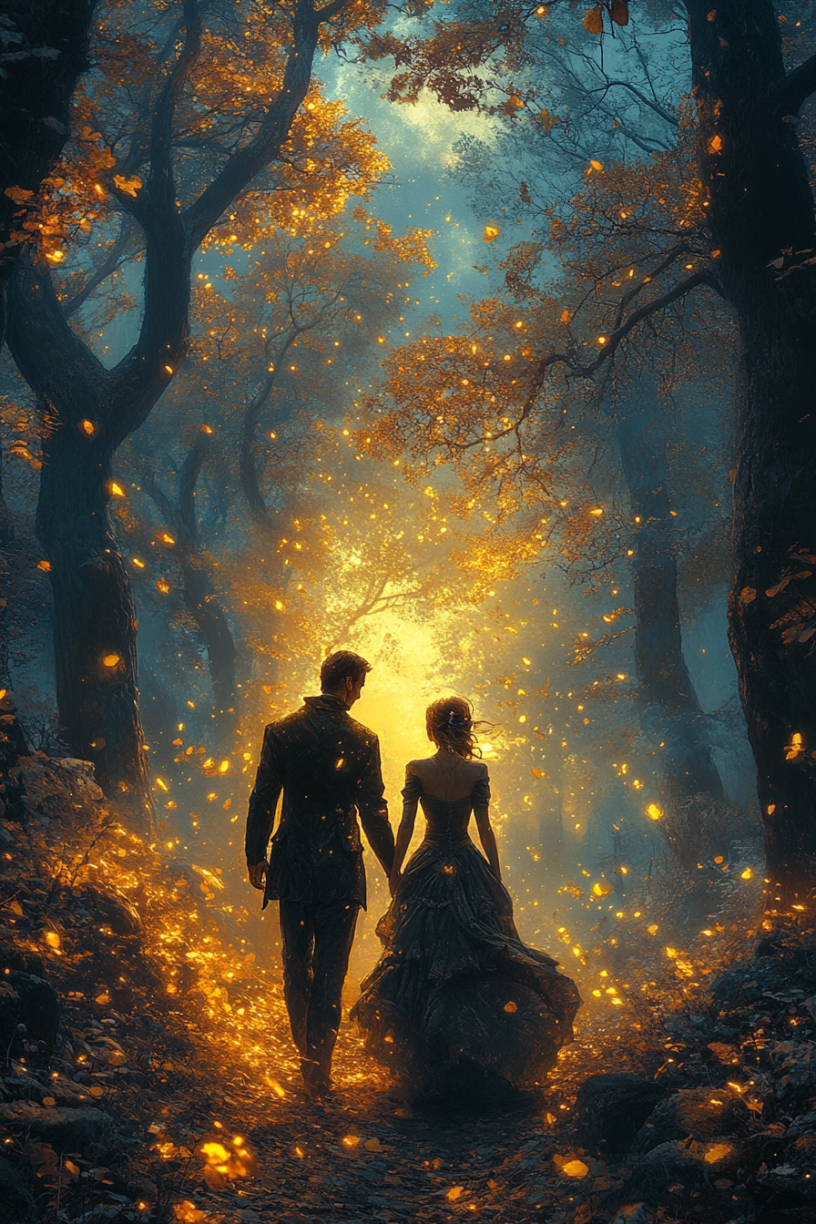 Couple in elegant fantasy attire walking in magical forest.