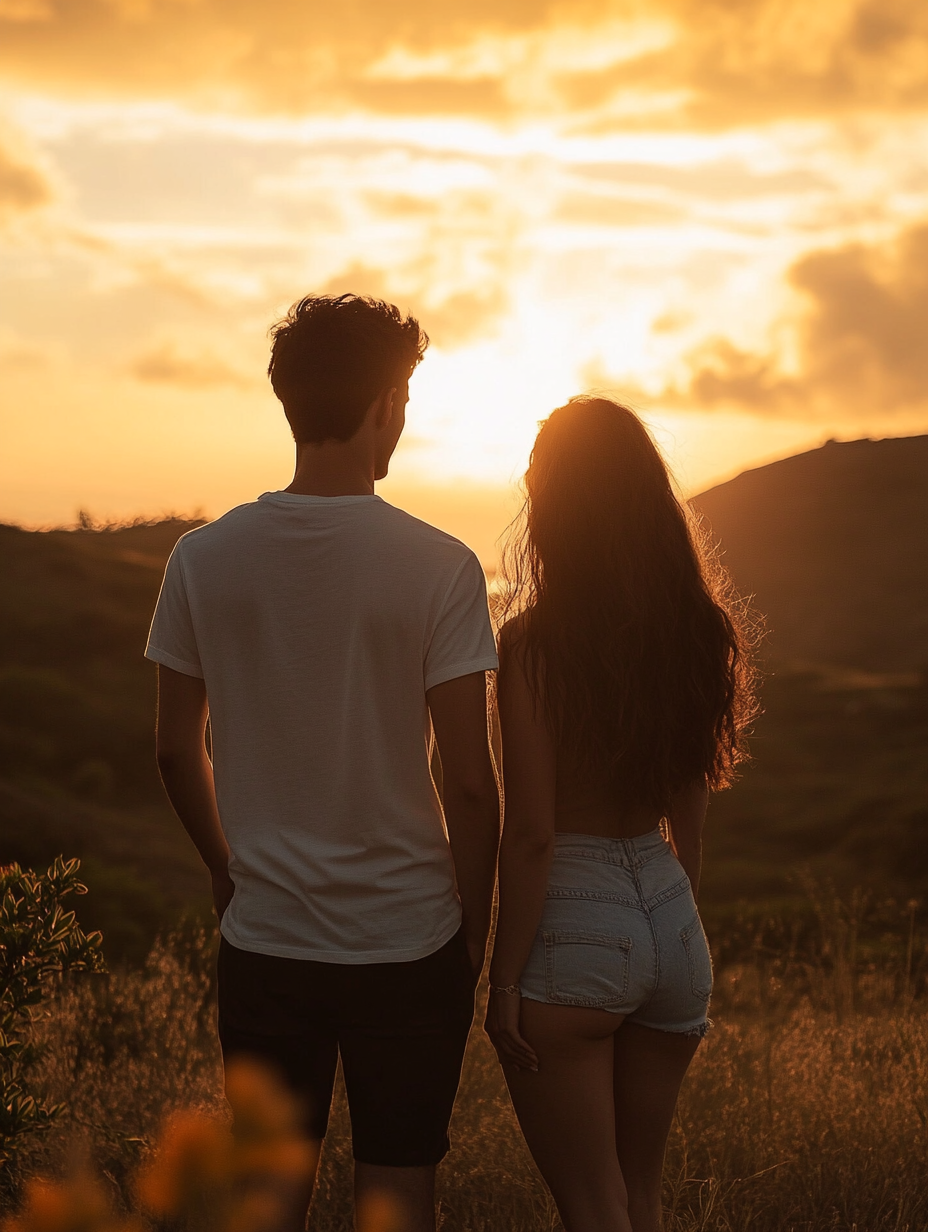 Couple in front of sunset with soft tones.