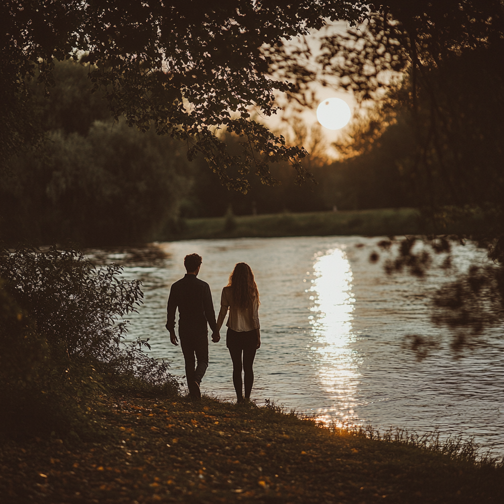 Couple in love walking by river in moonlight.