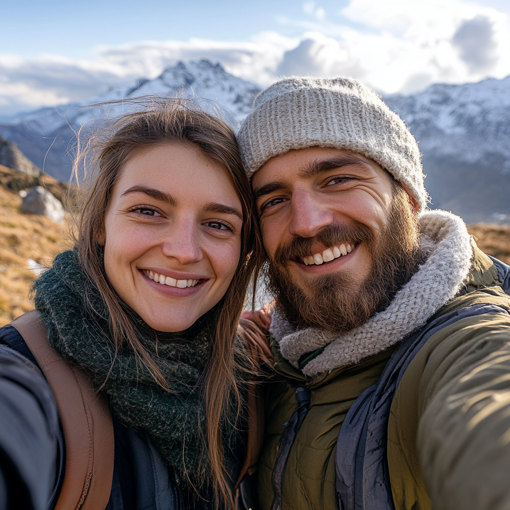 Couple in mountains taking selfie with emotional faces.