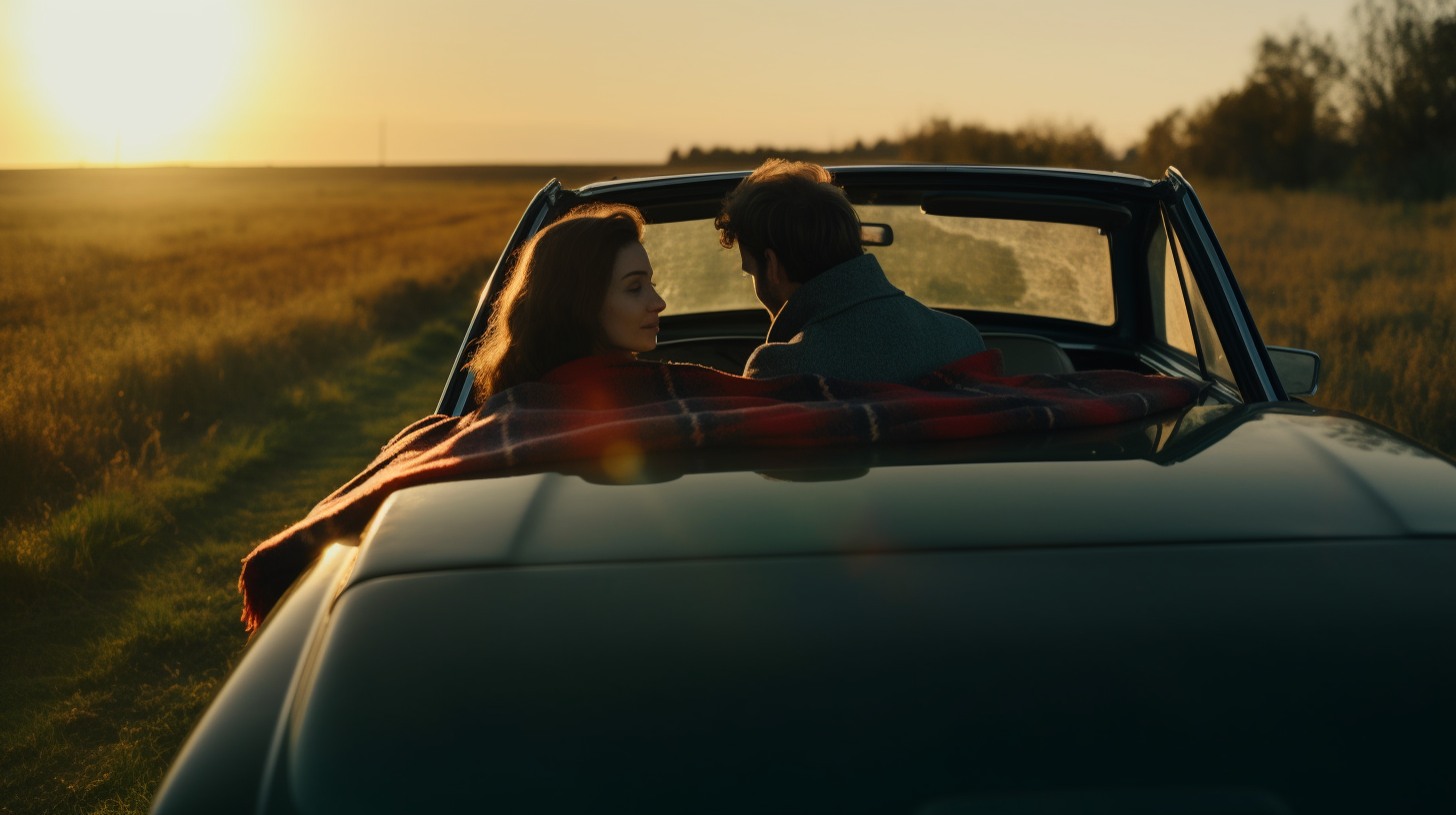 Couple in their 30s sitting in car trunk.