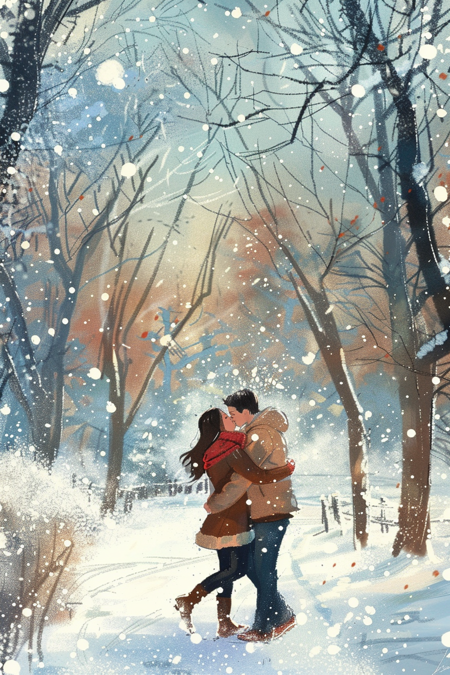 Couple in winter clothes enjoying snowy park together.