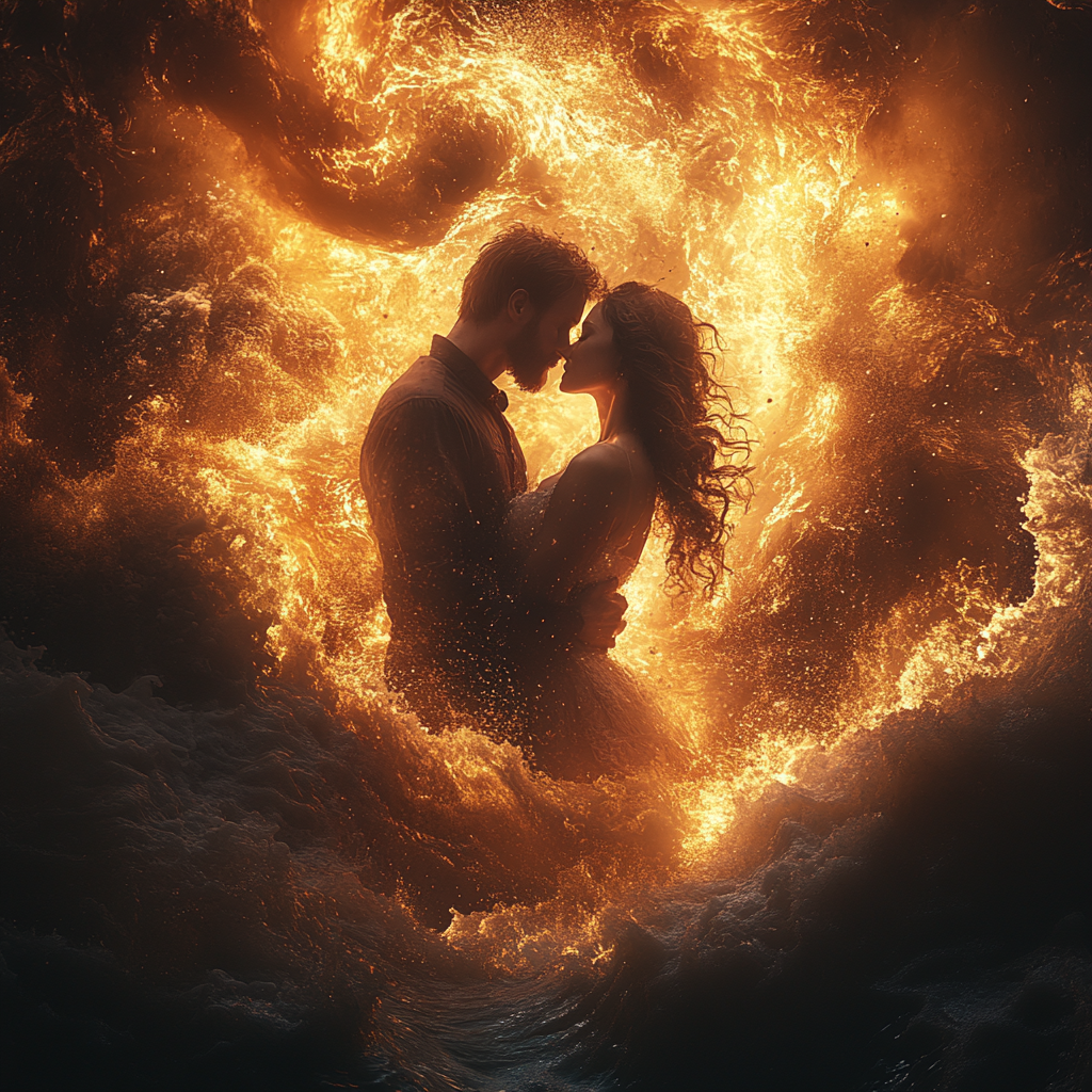 Couple kisses in burning sea amidst chaos.