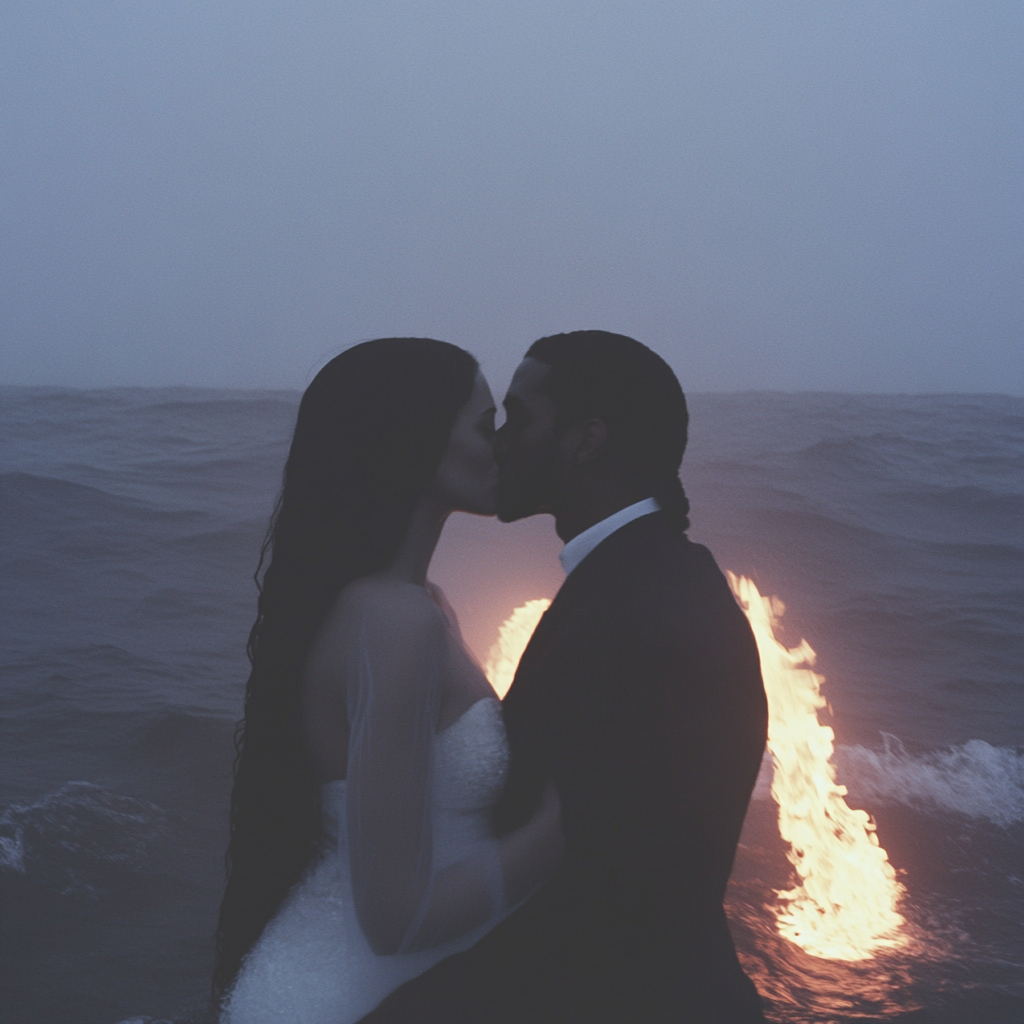 Couple kissing in burning sea amidst chaos.