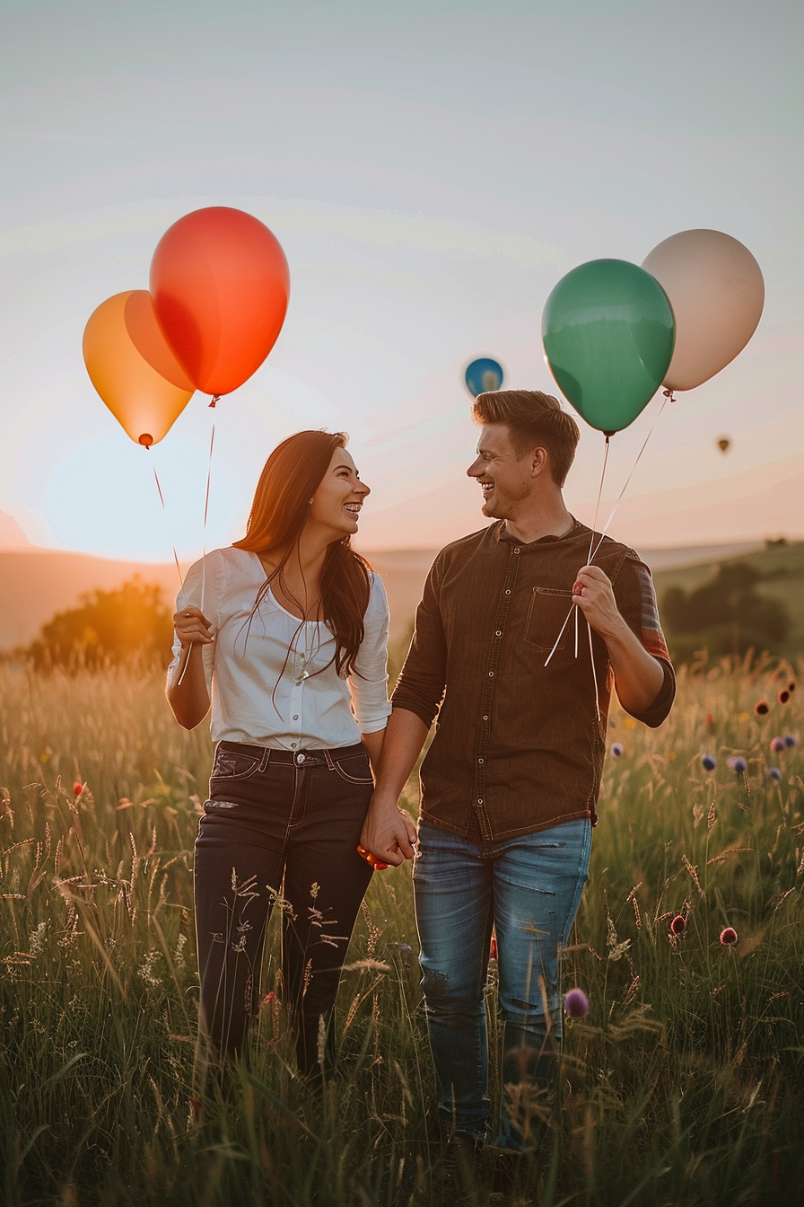 Couple laughing in field, holding colorful balloons at dawn.