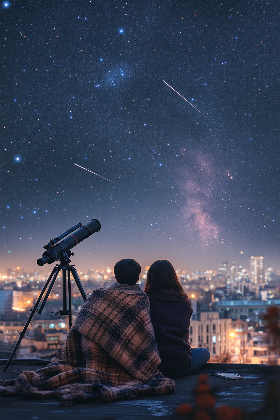 Couple on rooftop under starlit sky wrapped in blanket.