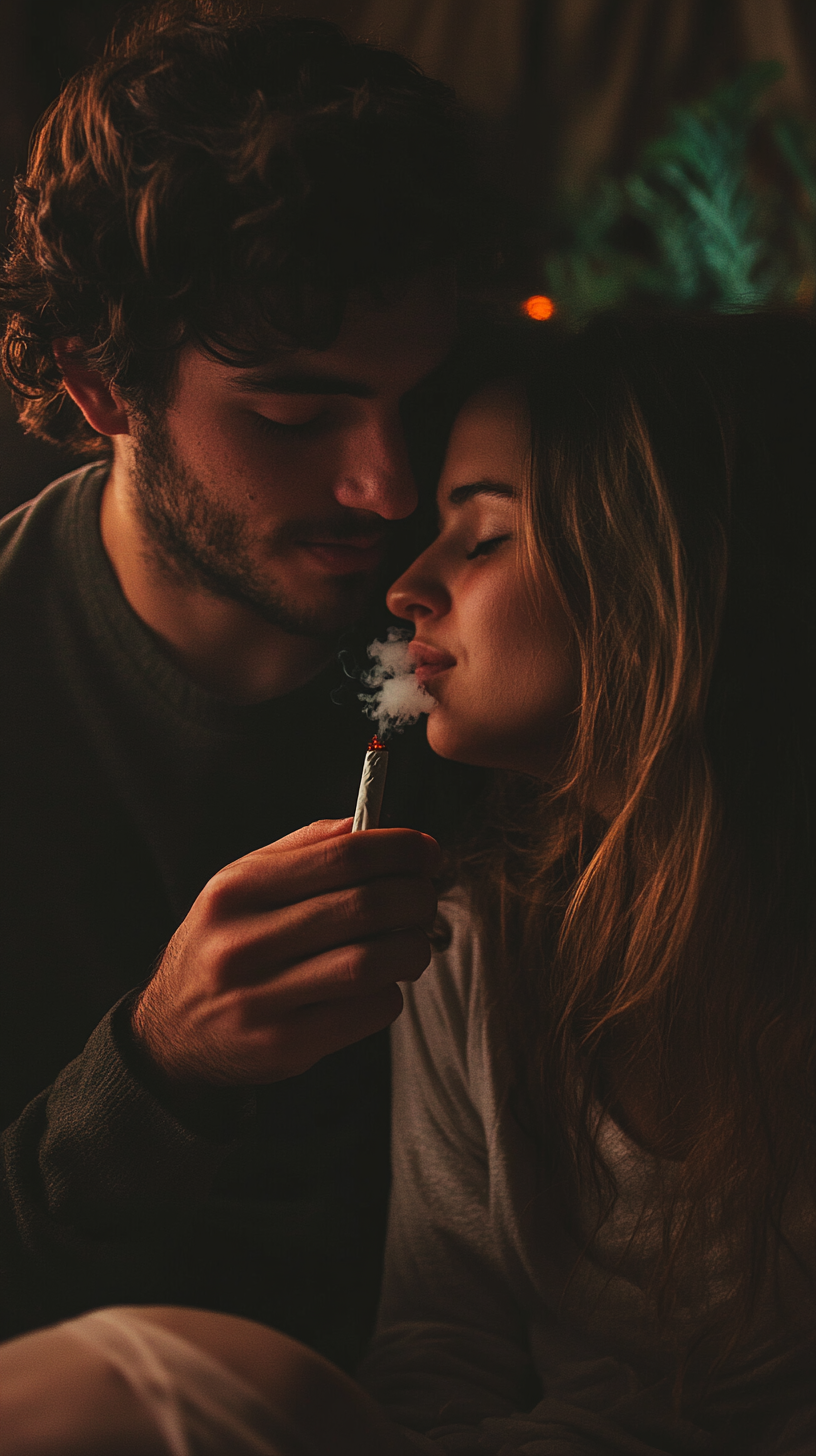 Couple sharing a blunt in relaxed, intimate setting