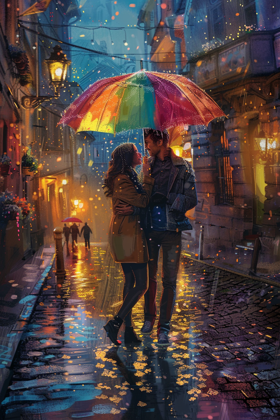 Couple sharing umbrella, laughing in rain on cobblestone street.