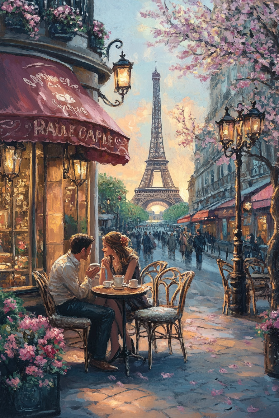 Couple sipping coffee at Parisian café with Eiffel Tower.