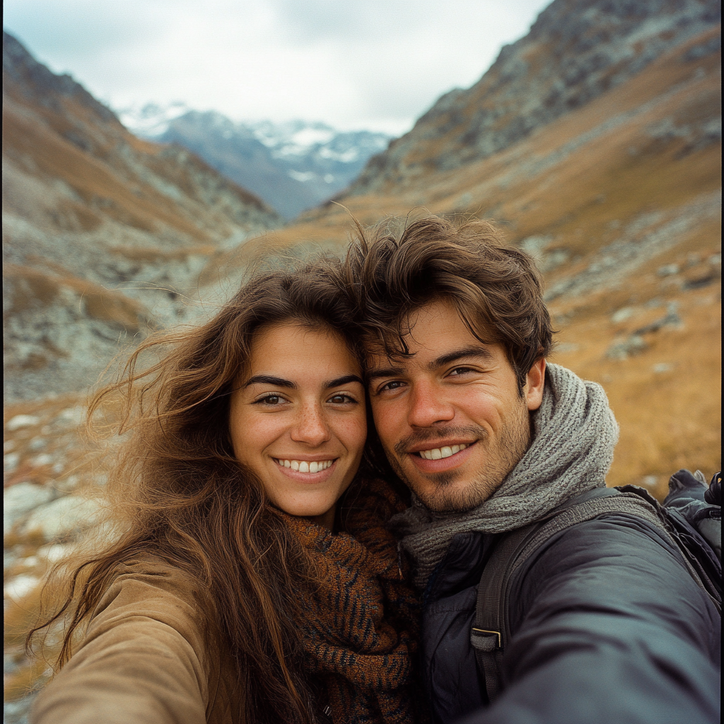 Couple taking mountain selfie with emotive faces, specialist.