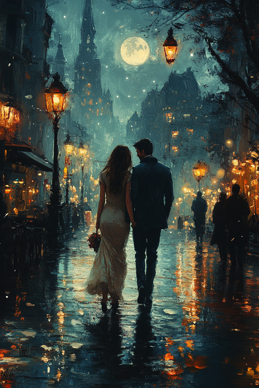 Couple walking through city at night, feeling happy.