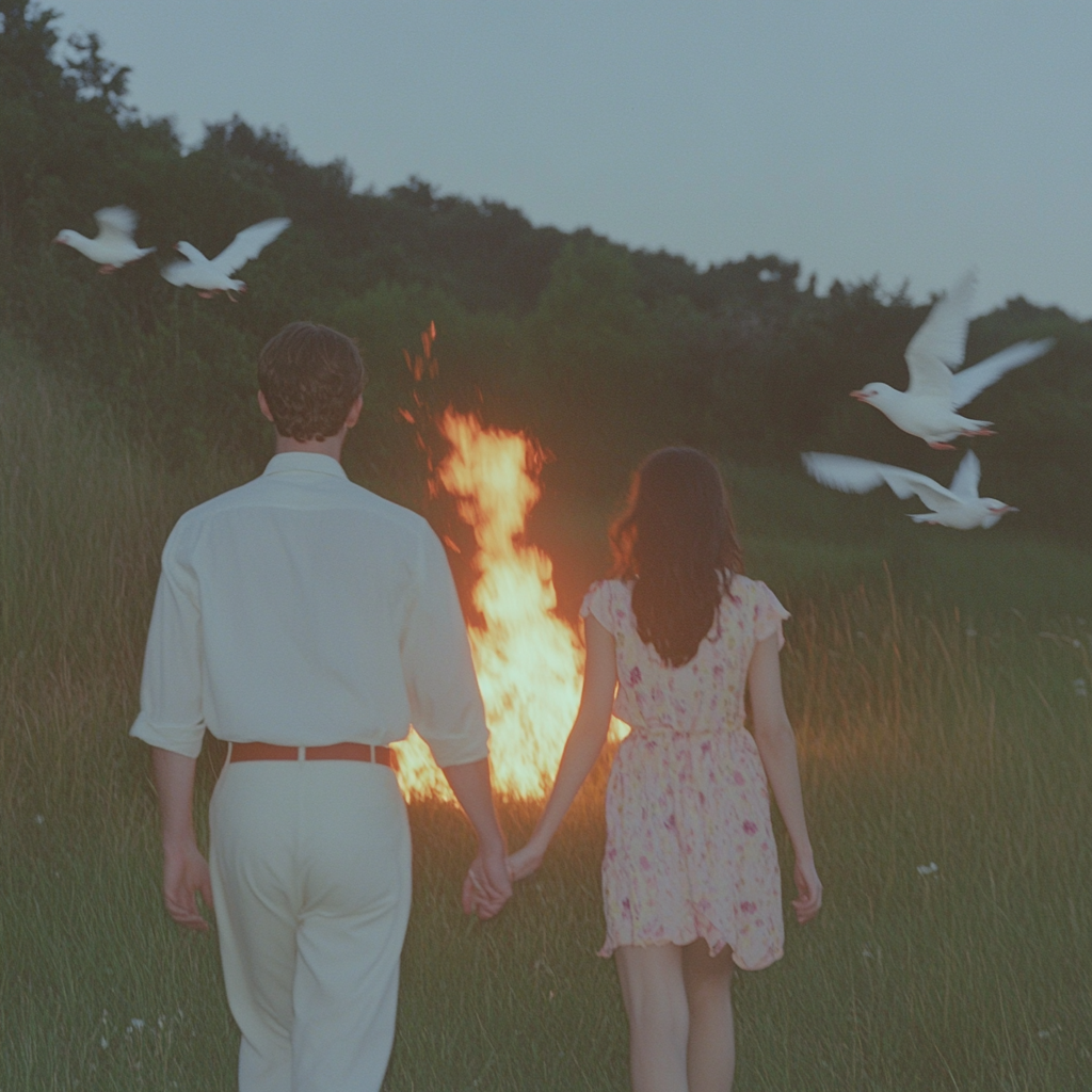 Couple walking towards fire surrounded by birds in film.