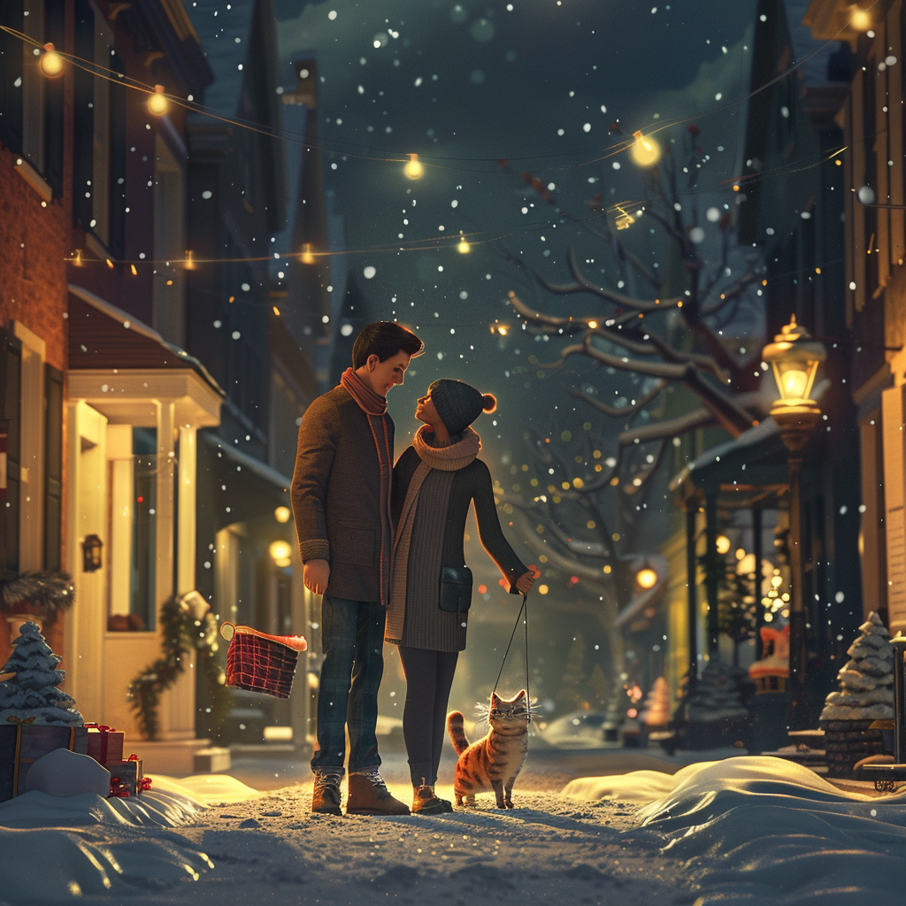 Couple walking with cat on snowy Christmas night.