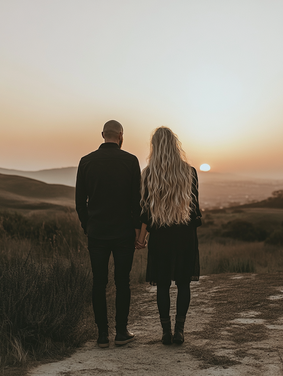 Couple with buzz cut and long hair at sunset.