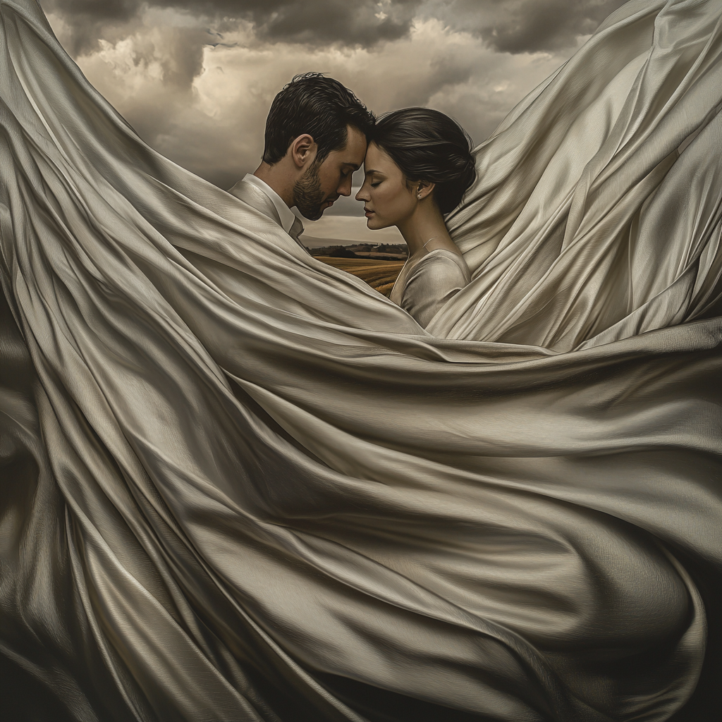 Couple wrapped in silver fabric, serene expressions, dreamlike atmosphere