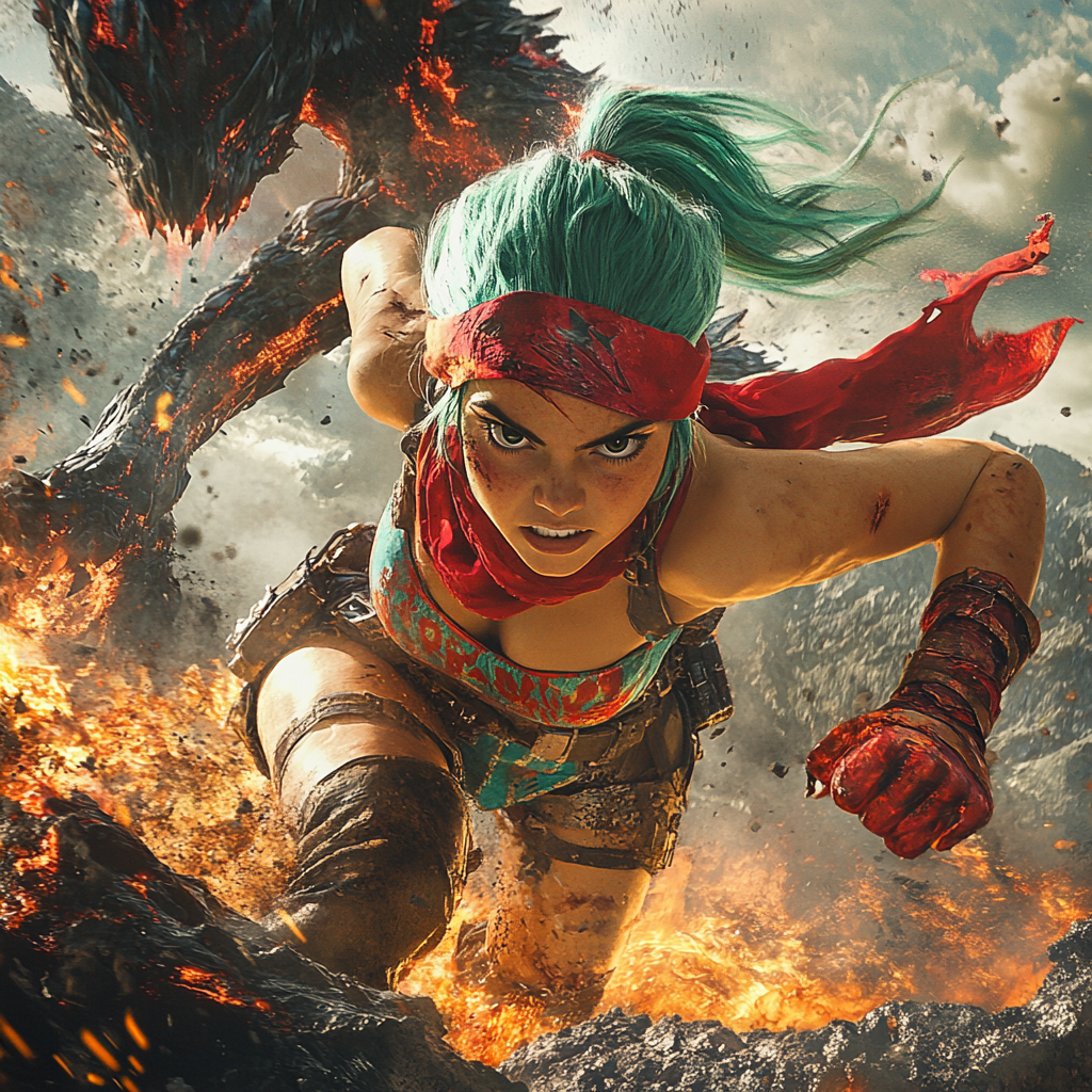 Courageous Girl Battles Fiery Dragon in Volcanic Landscape