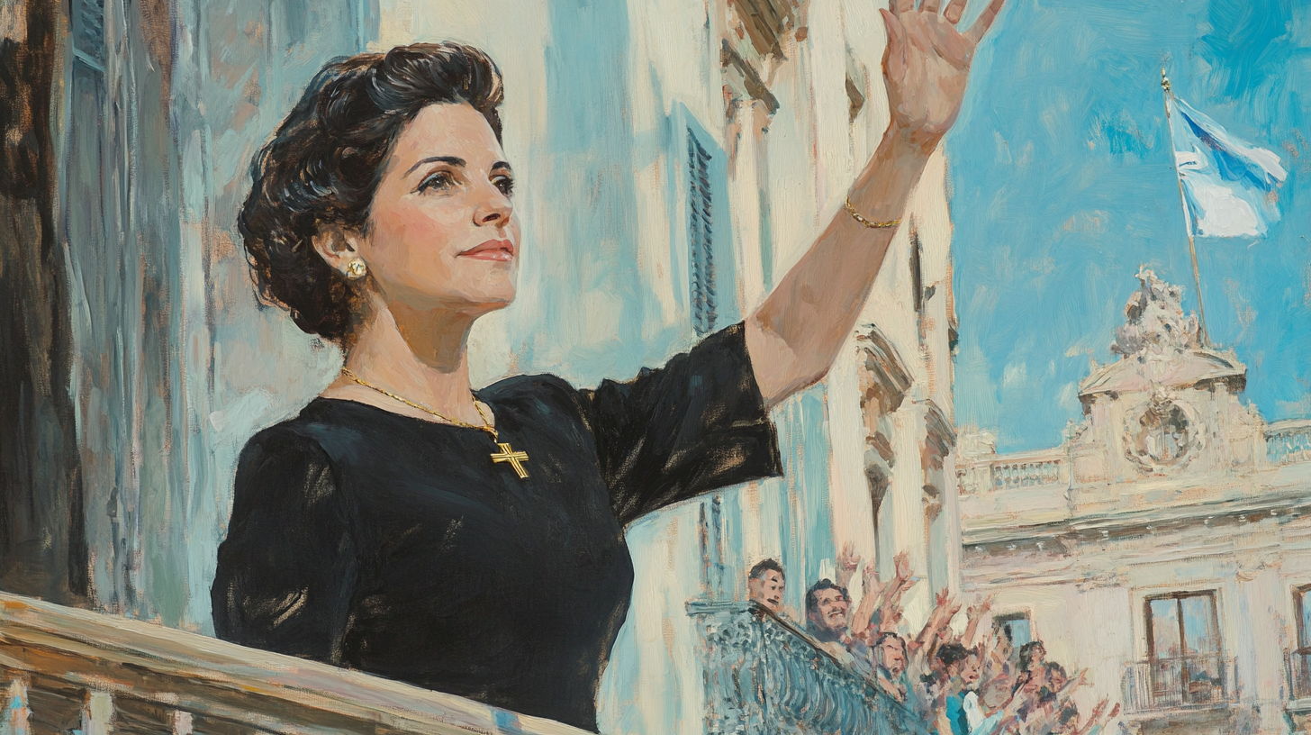 Courageous woman in 70s dress waves from balcony.